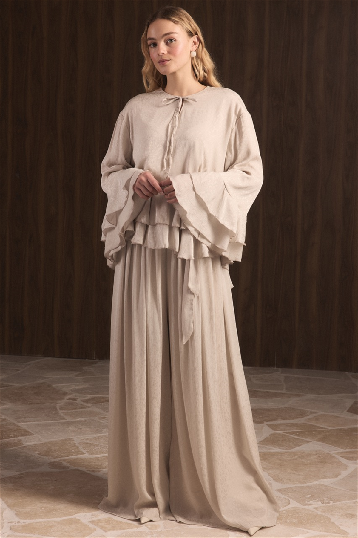 Kat Kat Yoryo Şifon Pantolonlu Takım - Taş