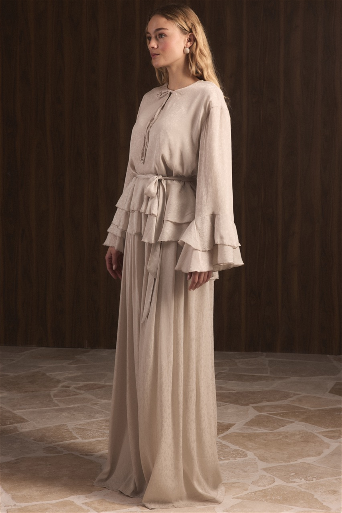 Kat Kat Yoryo Şifon Pantolonlu Takım - Taş