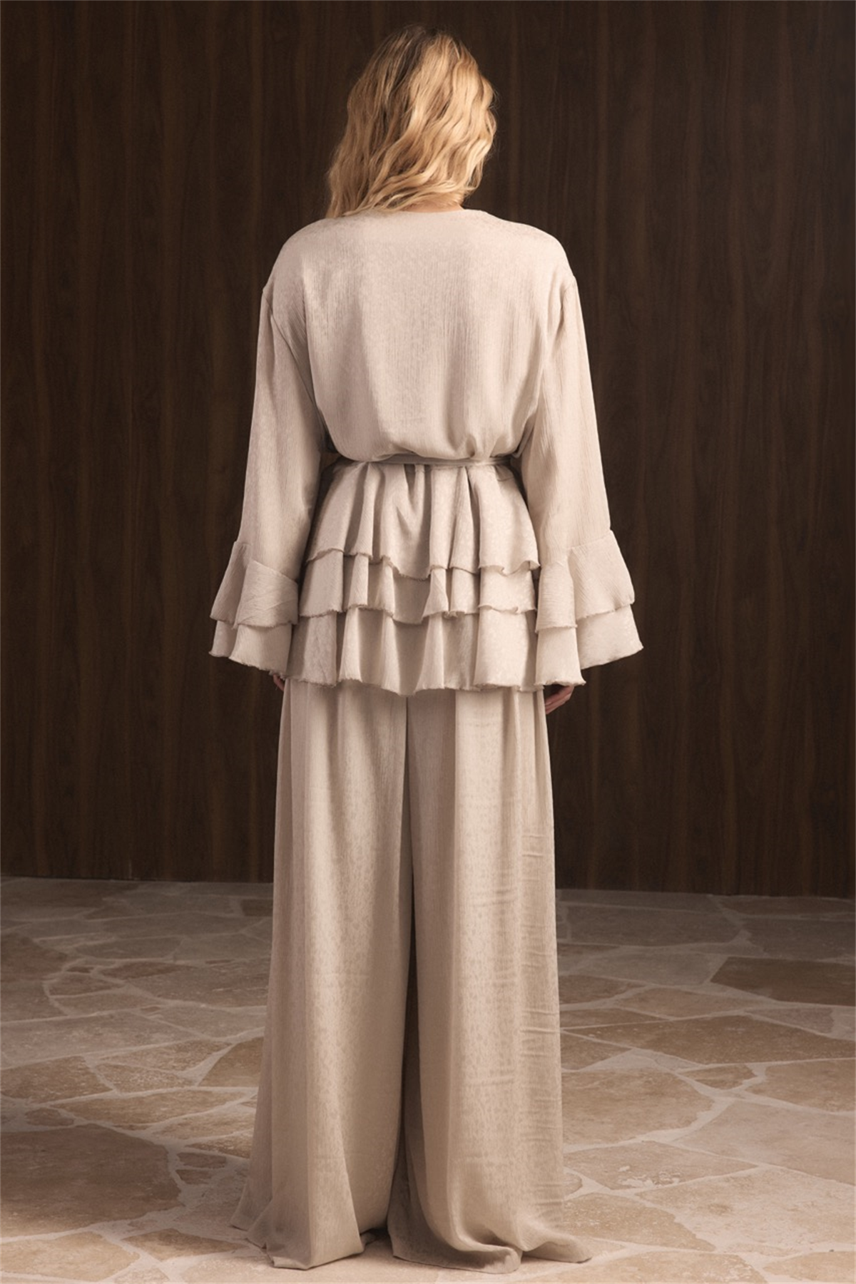 Kat Kat Yoryo Şifon Pantolonlu Takım - Taş