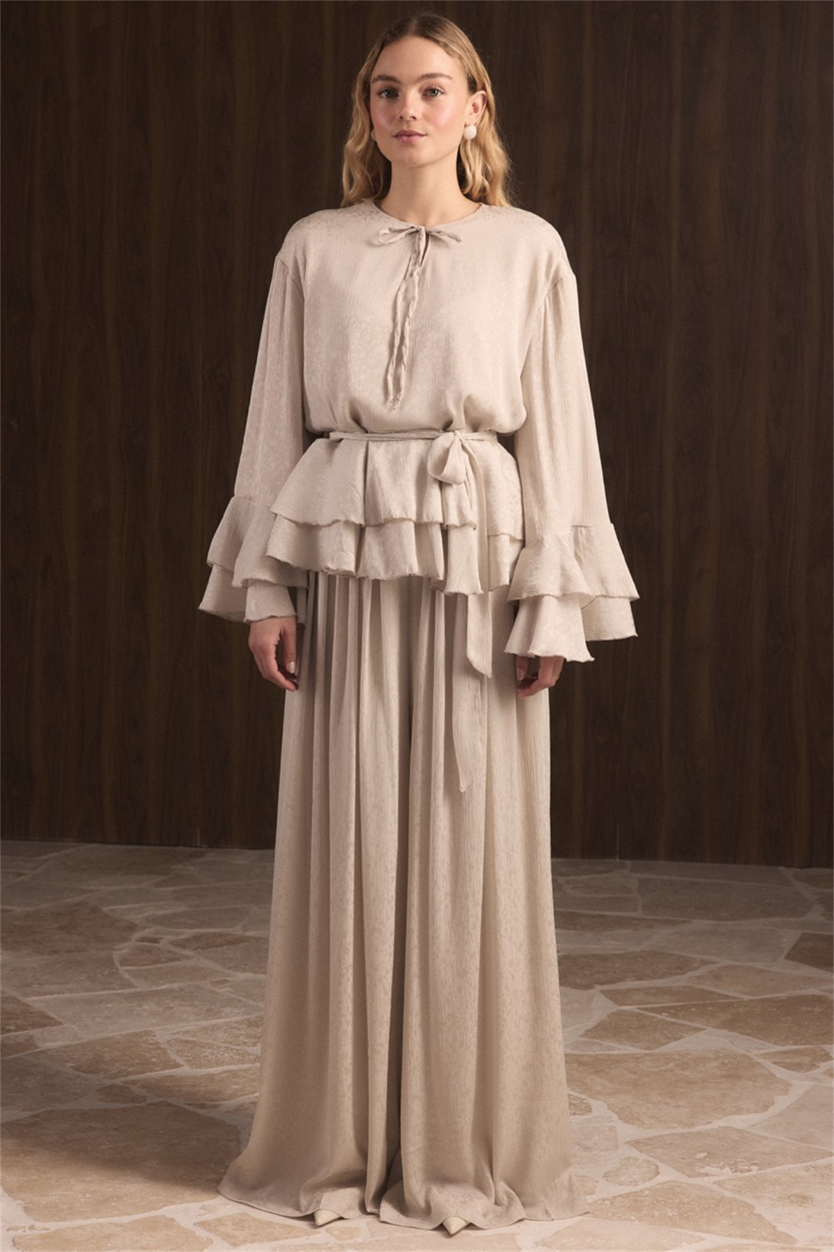 Kat Kat Yoryo Şifon Pantolonlu Takım - Taş