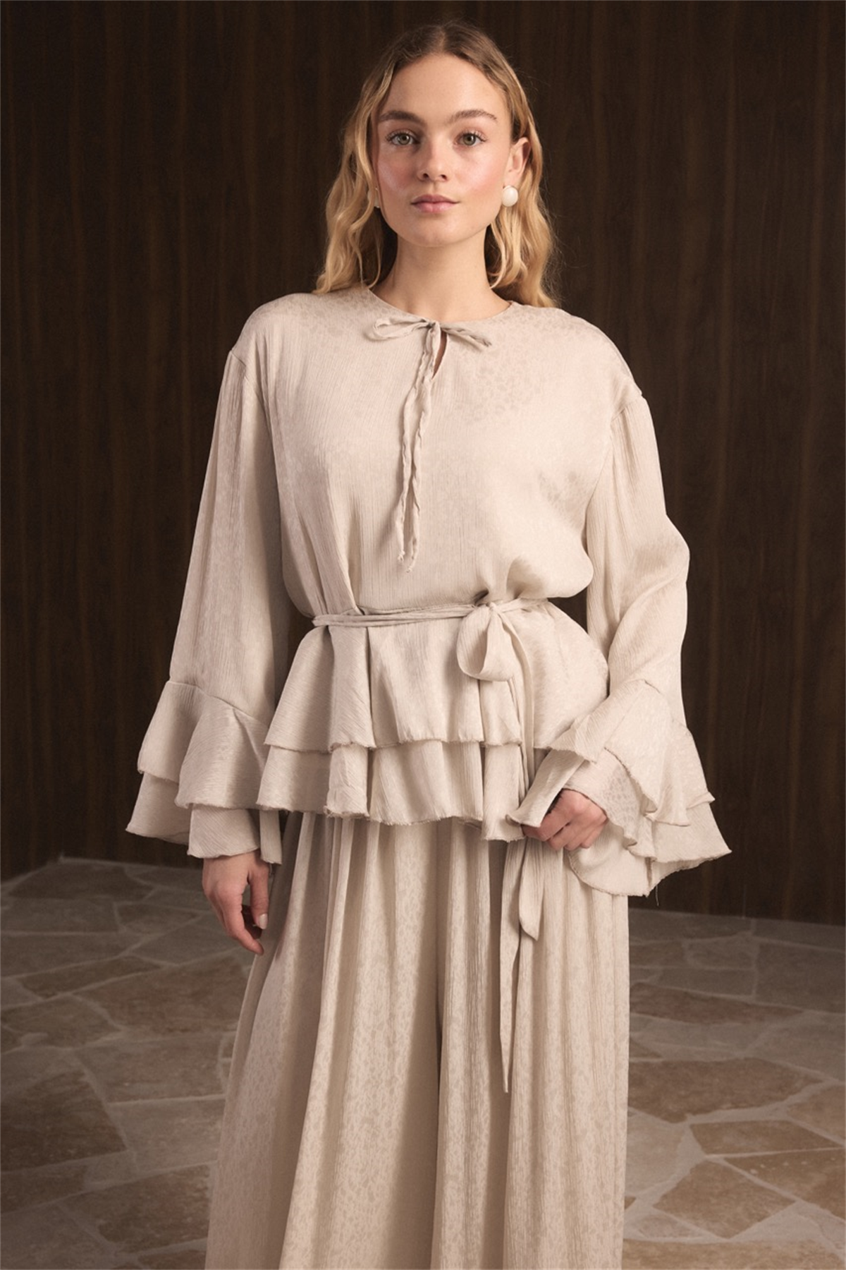 Kat Kat Yoryo Şifon Pantolonlu Takım - Taş