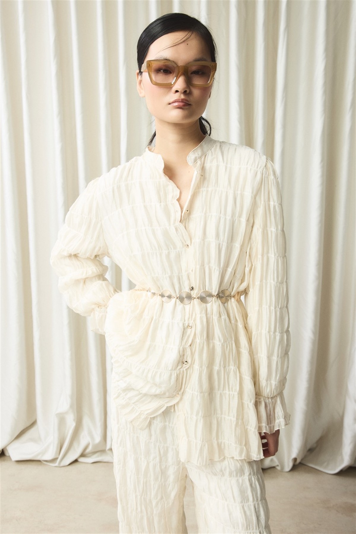 Kemer Detaylı Gofre Pantolonlu Takım - Ekru