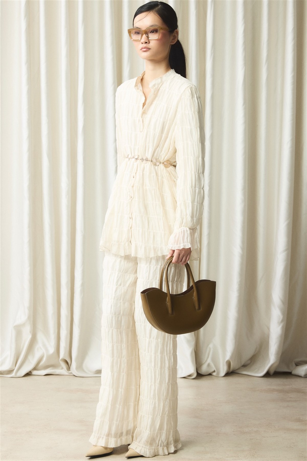 Kemer Detaylı Gofre Pantolonlu Takım - Ekru