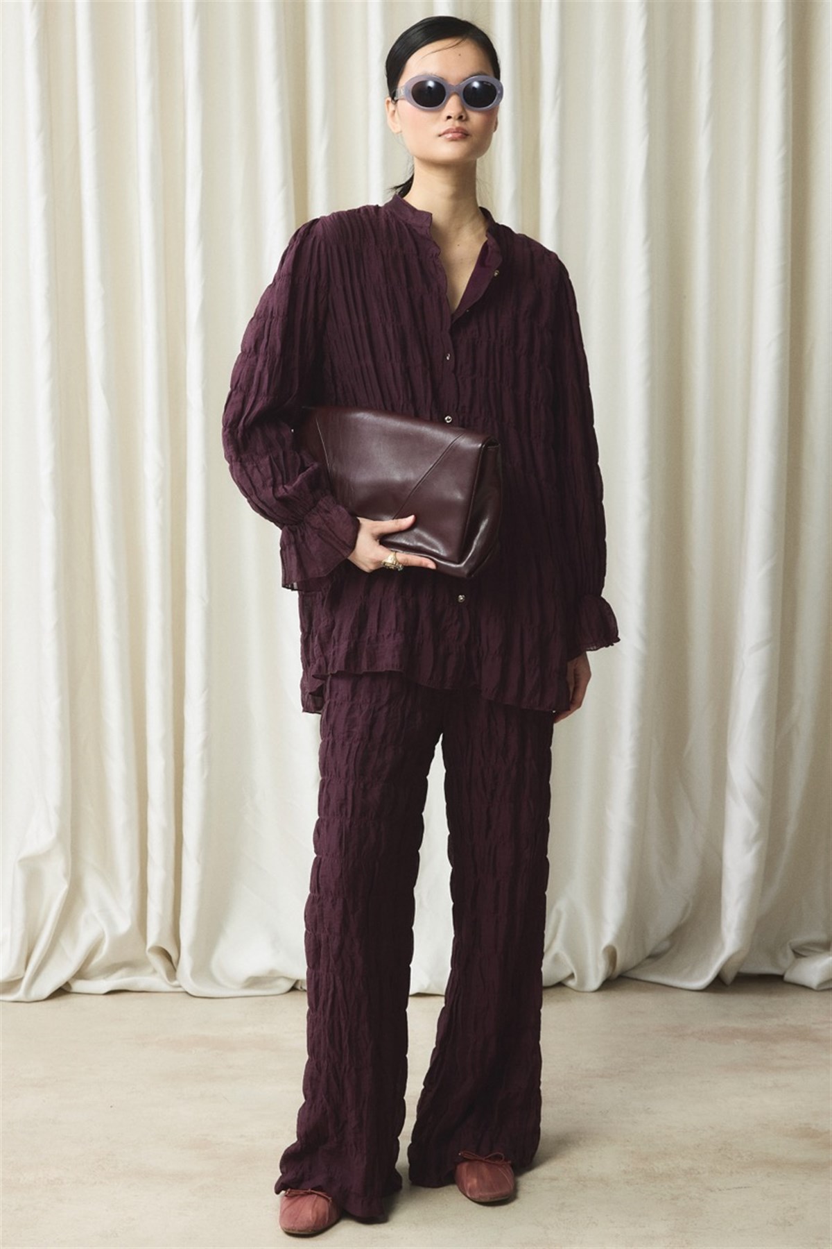 Kemer Detaylı Gofre Pantolonlu Takım - Mürdüm