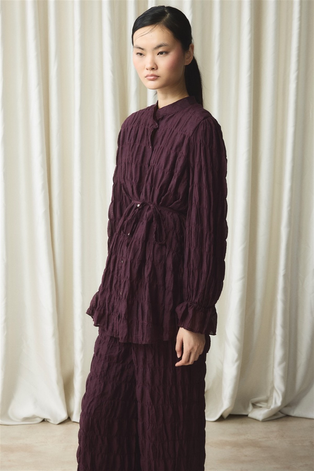 Kemer Detaylı Gofre Pantolonlu Takım - Mürdüm