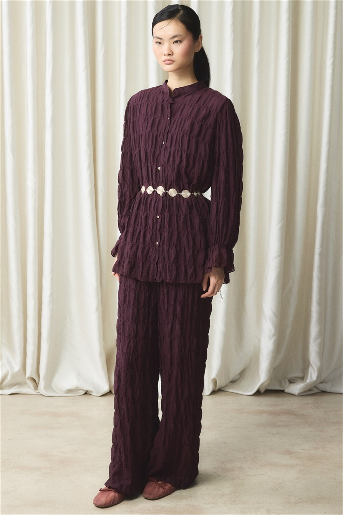 Kemer Detaylı Gofre Pantolonlu Takım - Mürdüm