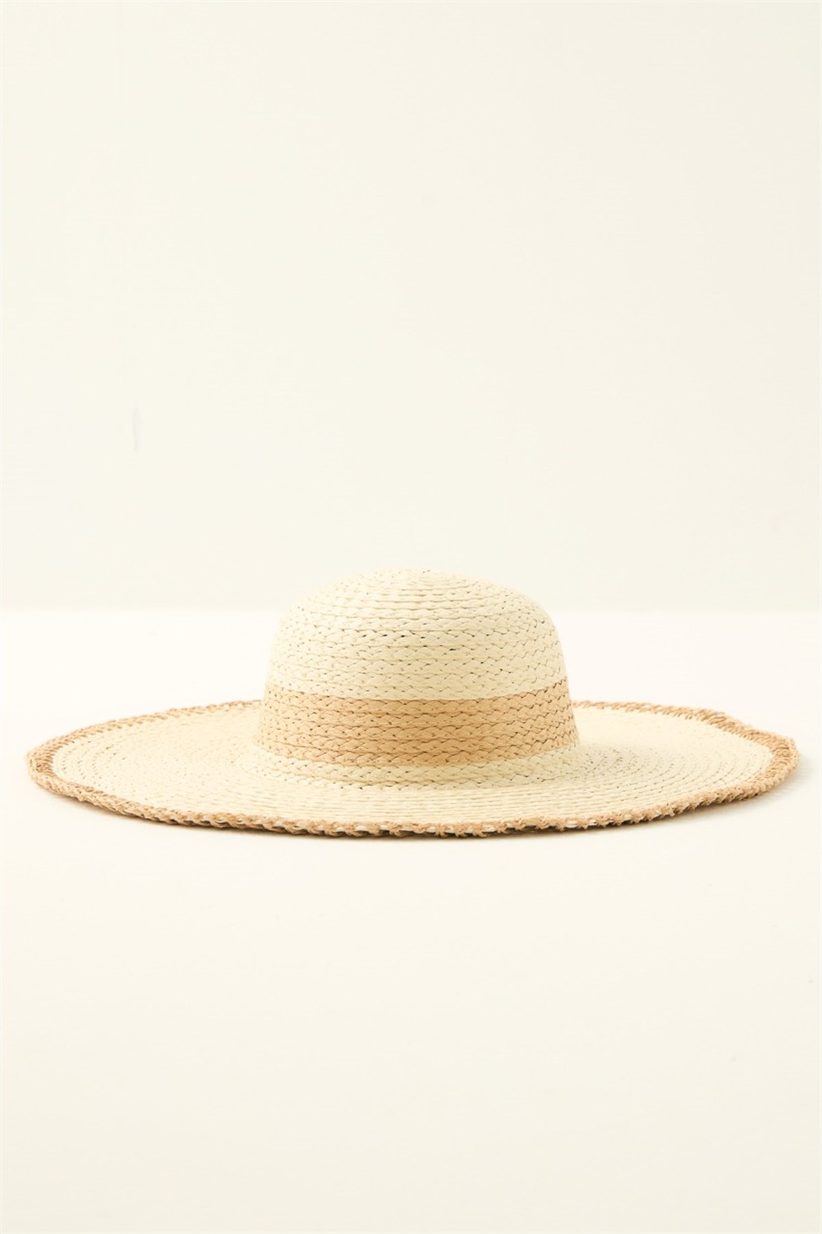 Kenarı Zikzak Detaylı Geniş Hasır Şapka - Bej