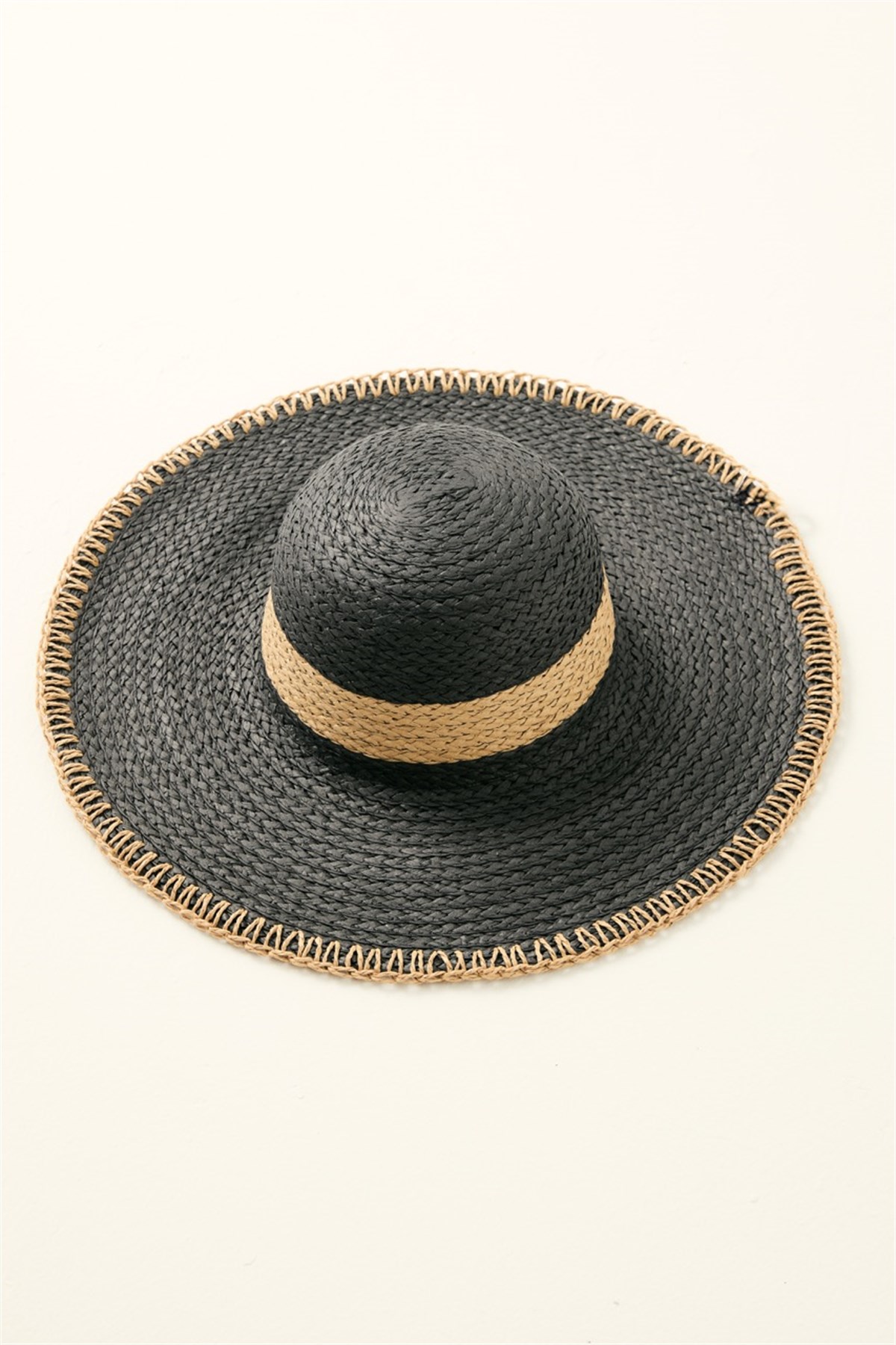 Kenarı Zikzak Detaylı Geniş Hasır Şapka - Siyah