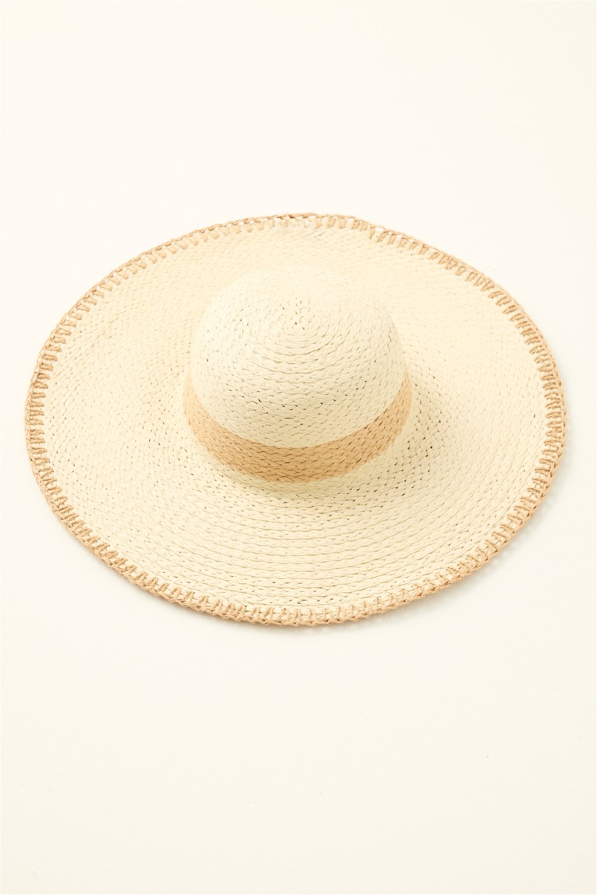 Kenarı Zikzak Detaylı Geniş Hasır Şapka - Bej