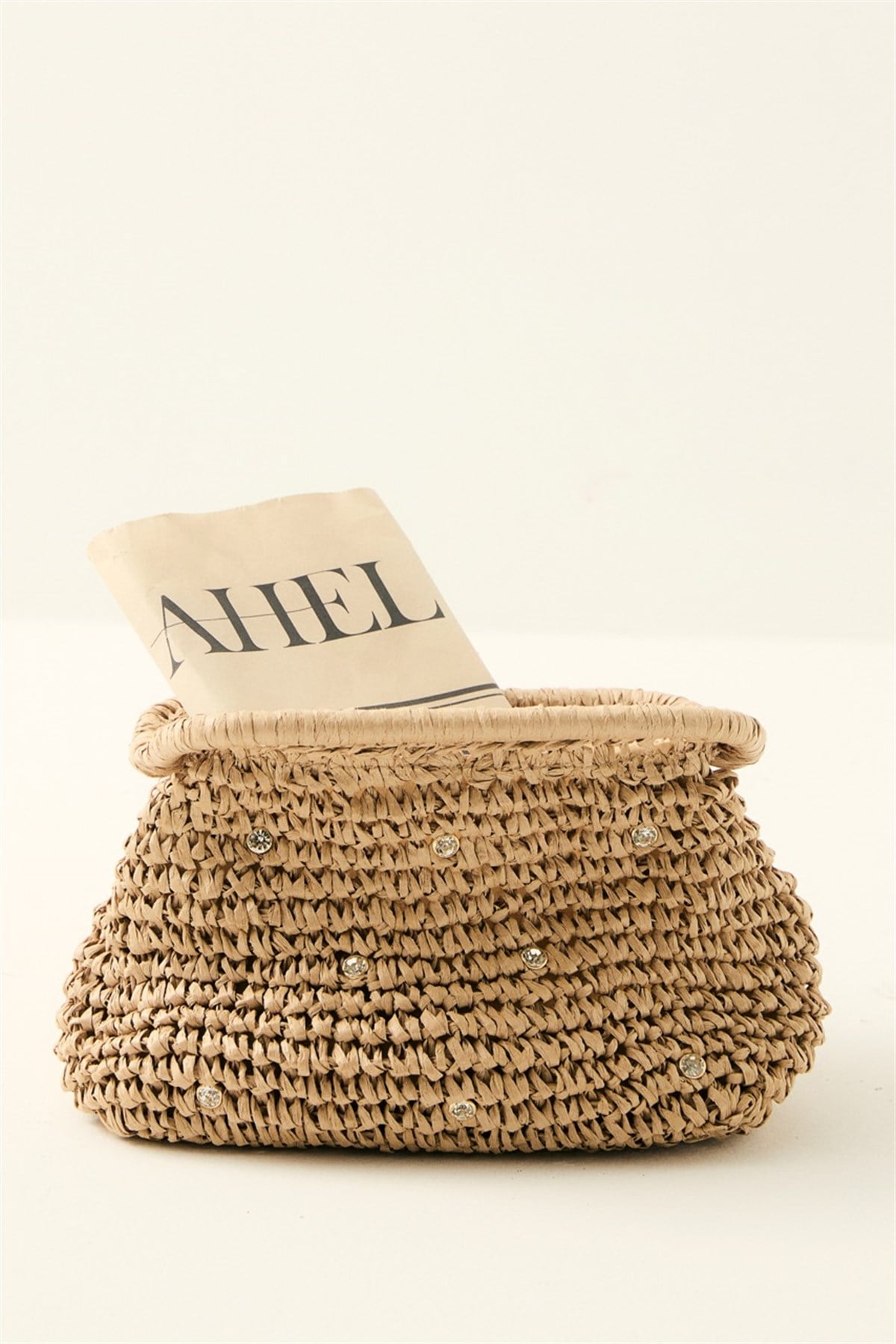 Klasik Zincir Askılı Taşlı Hasır Çanta - Camel