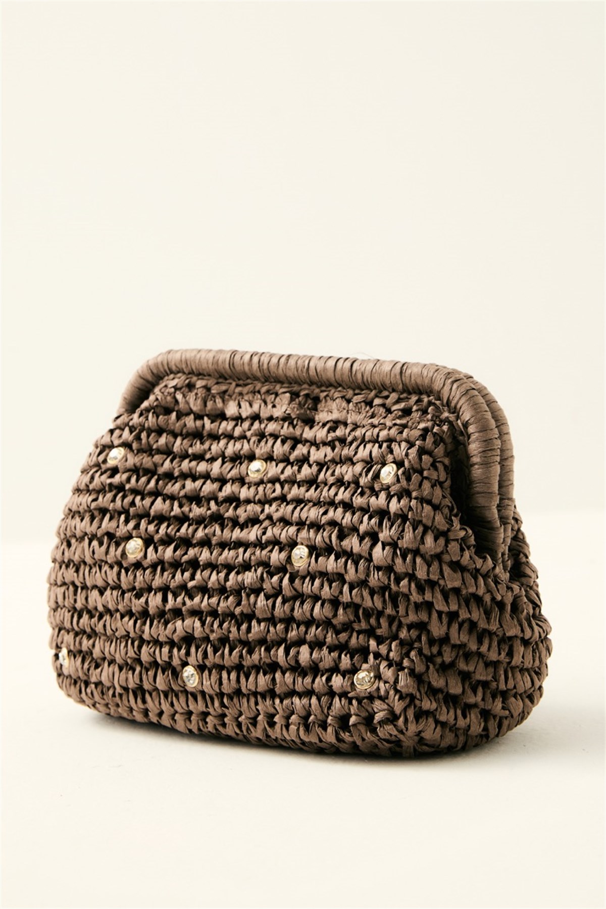 Klasik Zincir Askılı Taşlı Hasır Çanta - Kahve