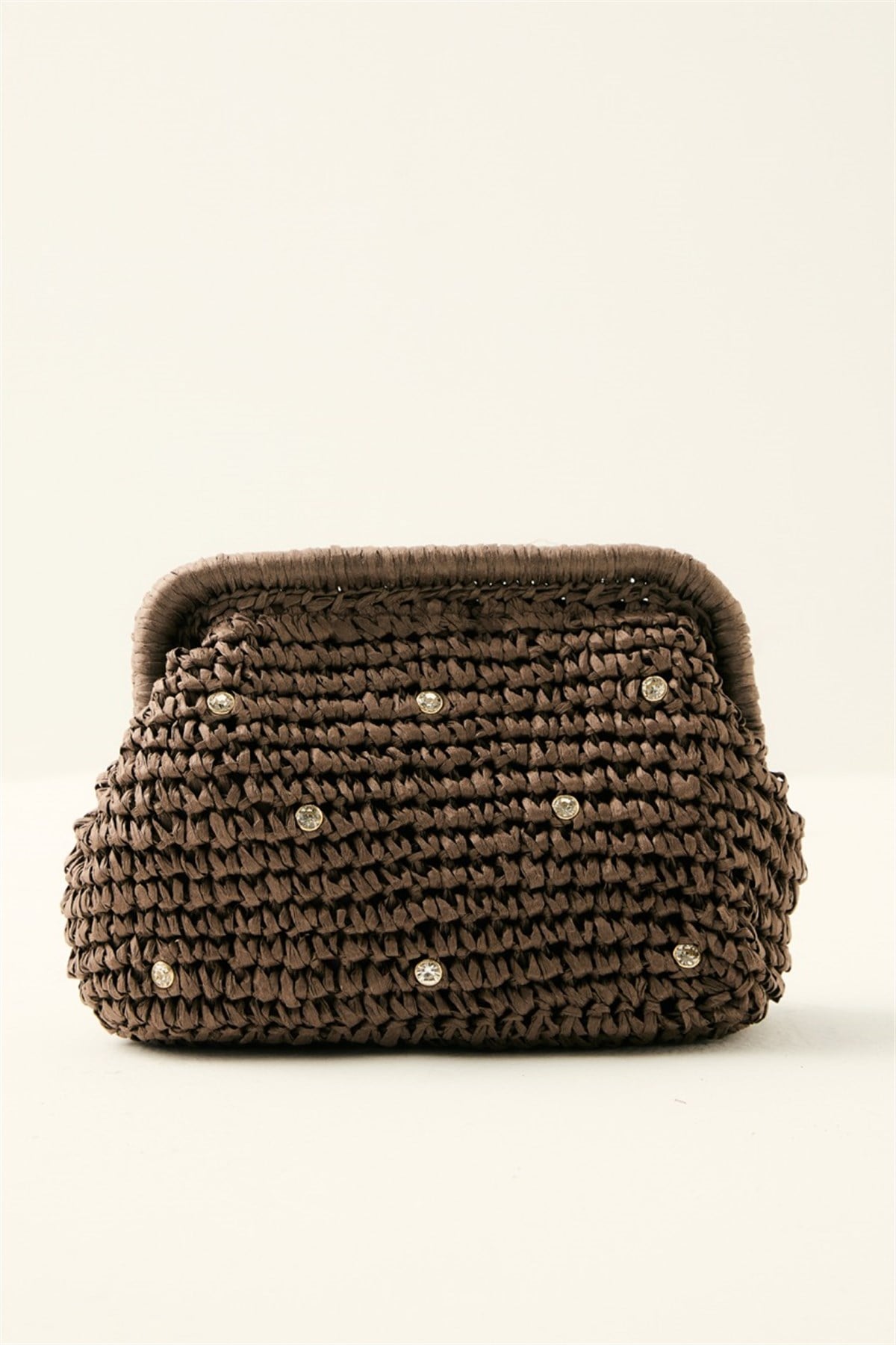 Klasik Zincir Askılı Taşlı Hasır Çanta - Kahve