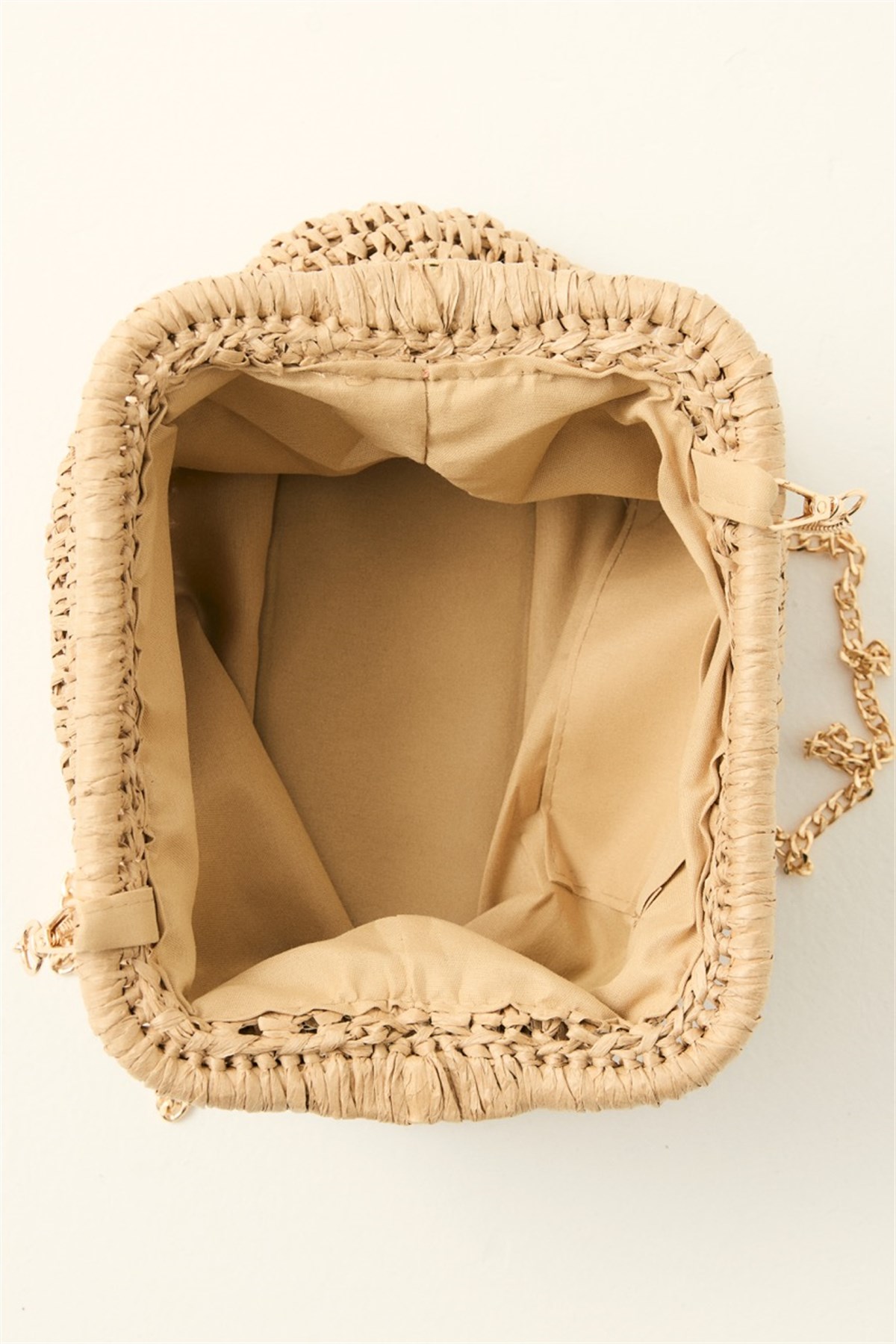 Klasik Zincir Askılı Taşlı Hasır Çanta - Camel