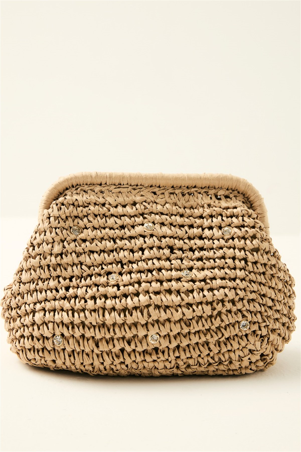 Klasik Zincir Askılı Taşlı Hasır Çanta - Camel