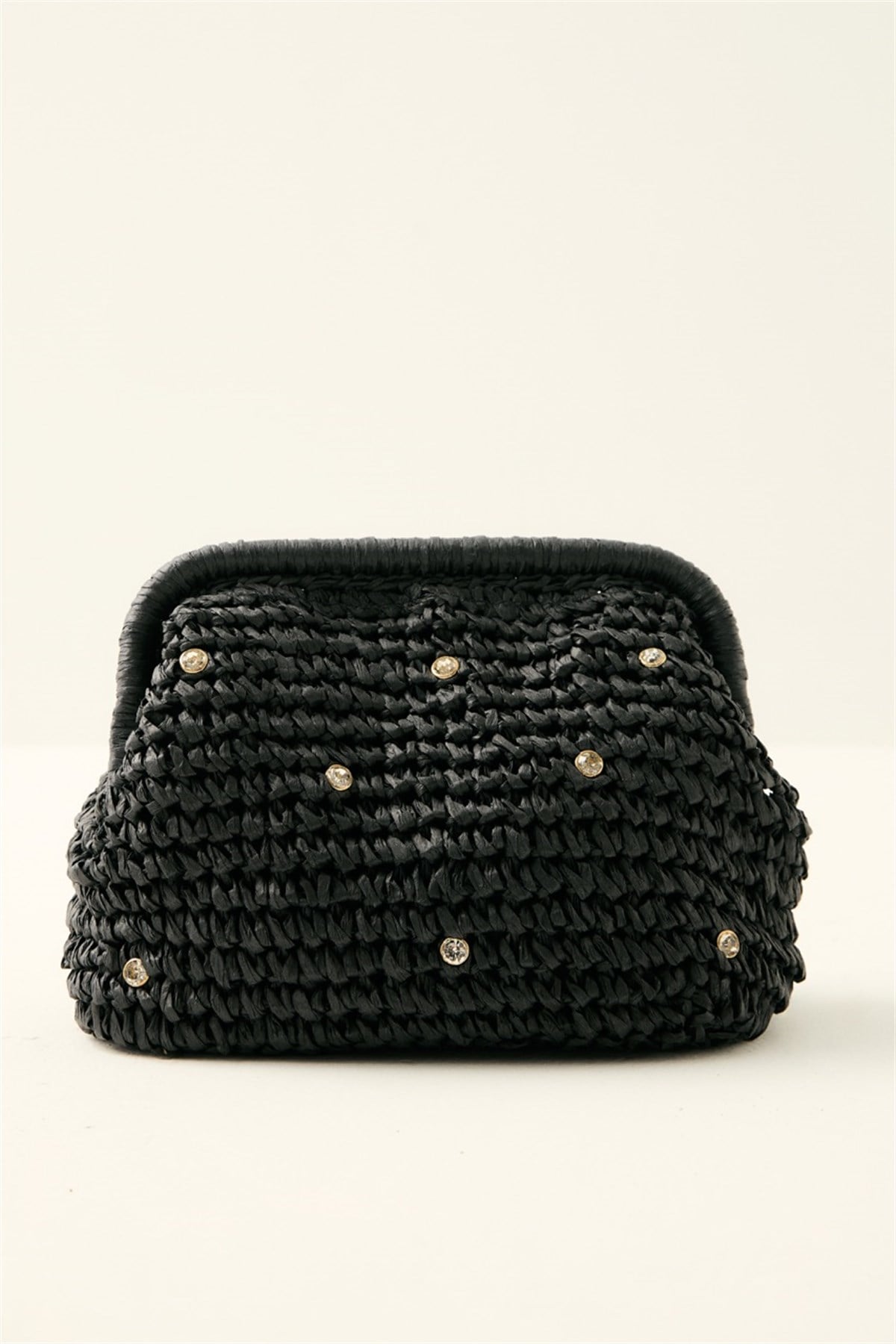 Klasik Zincir Askılı Taşlı Hasır Çanta - Siyah