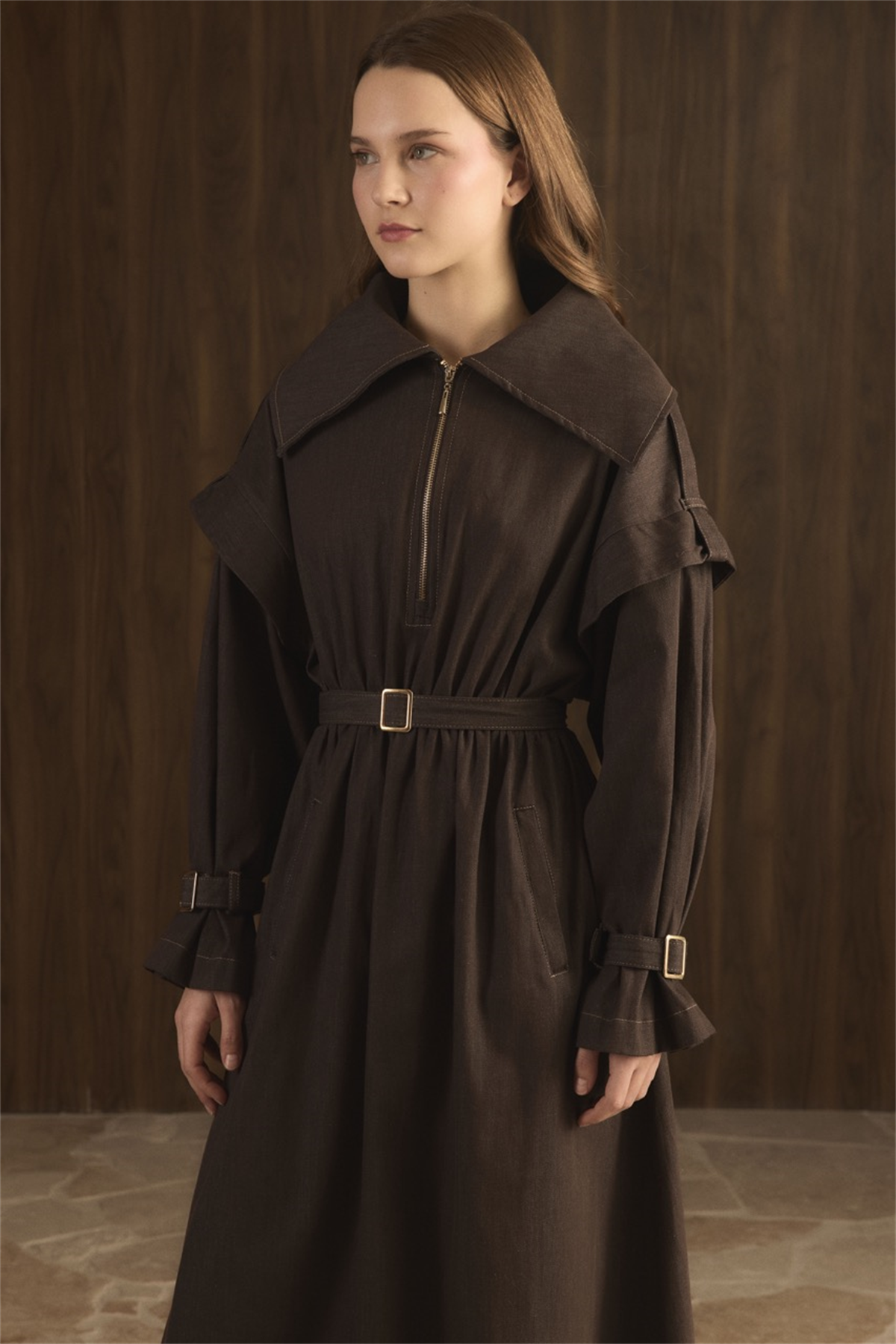 Kol Allerli Yarım Fermuarlı Kot Elbise - Kahve