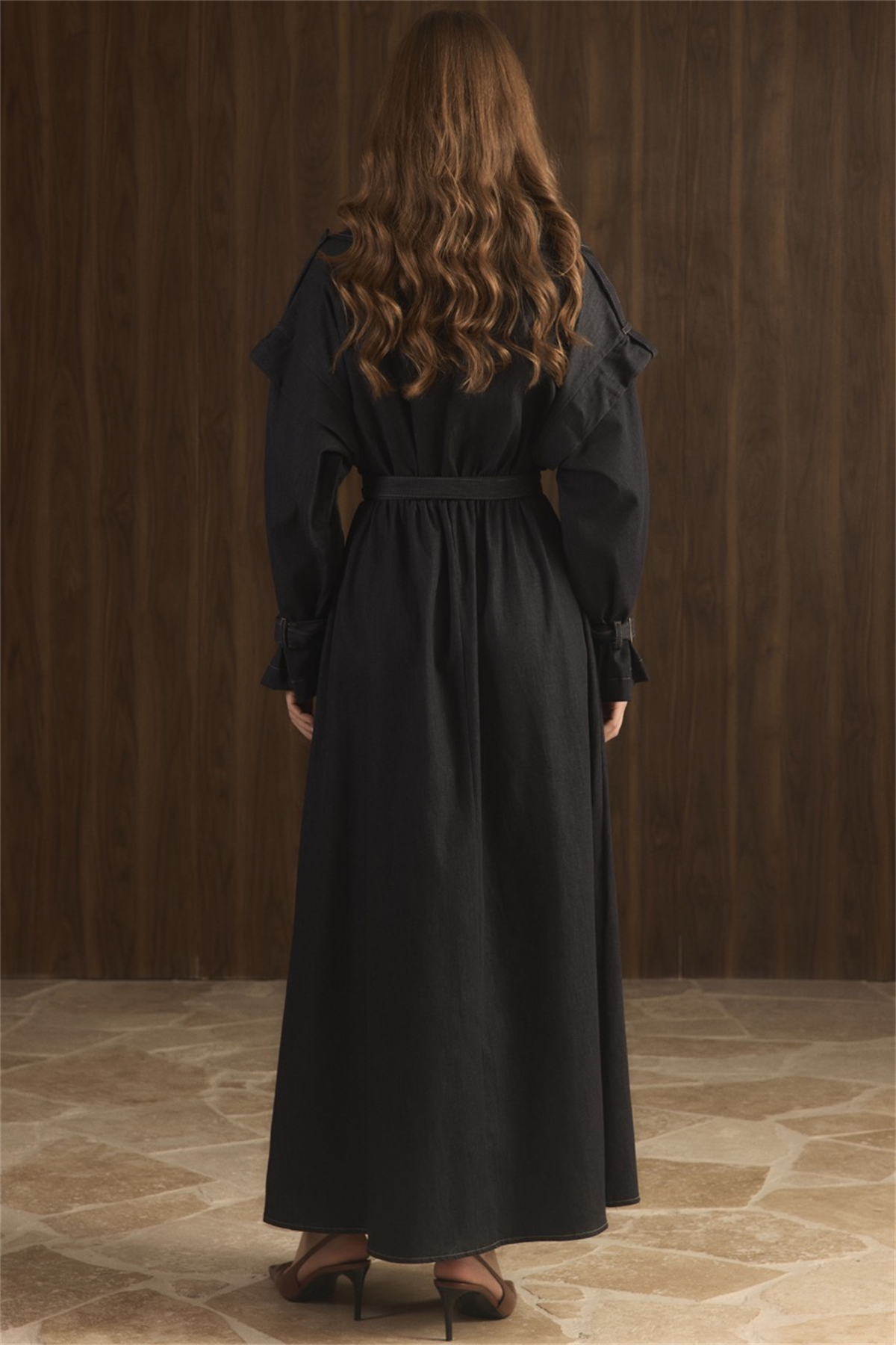 Kol Allerli Yarım Fermuarlı Kot Elbise - Lacivert