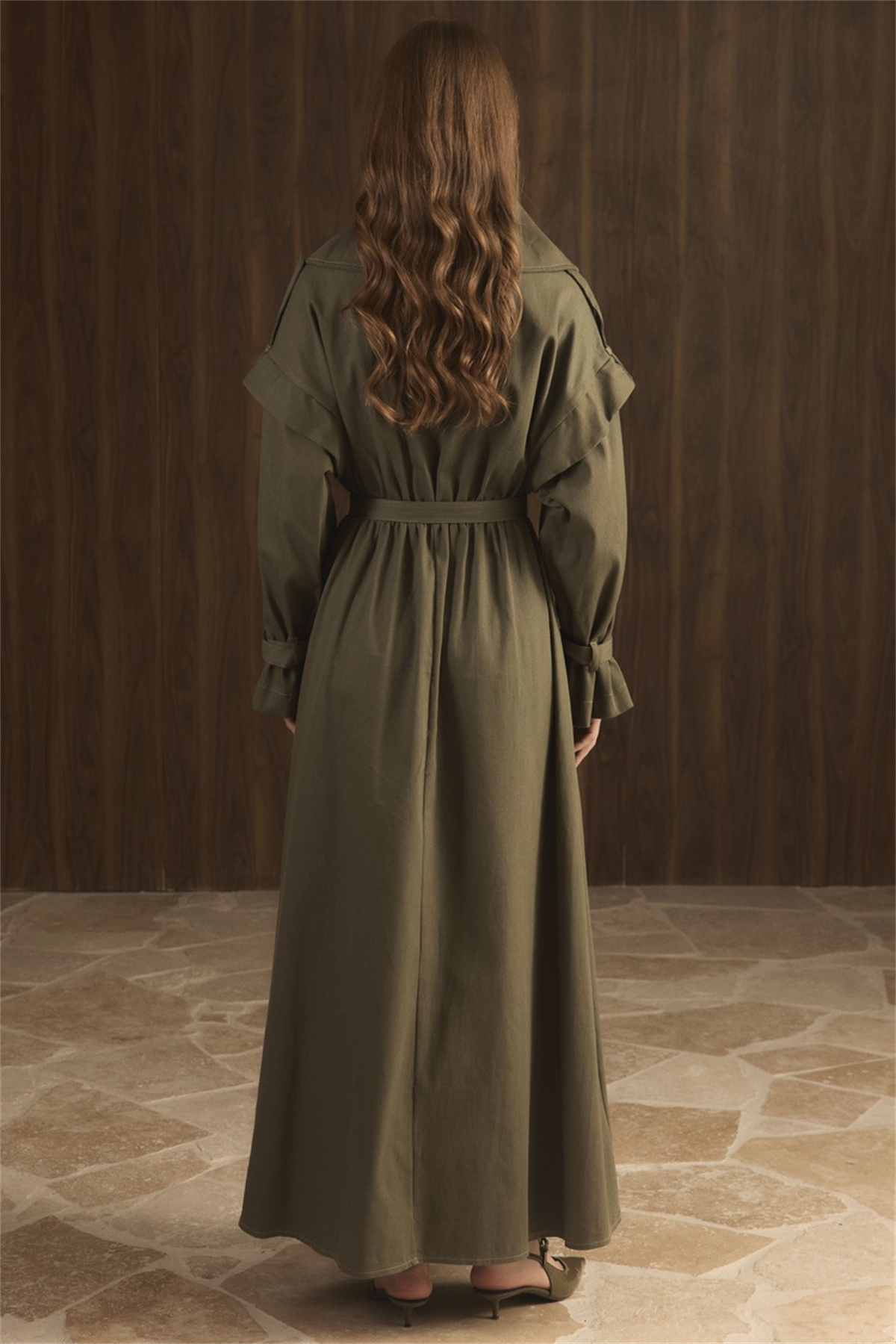 Kol Allerli Yarım Fermuarlı Kot Elbise - Haki