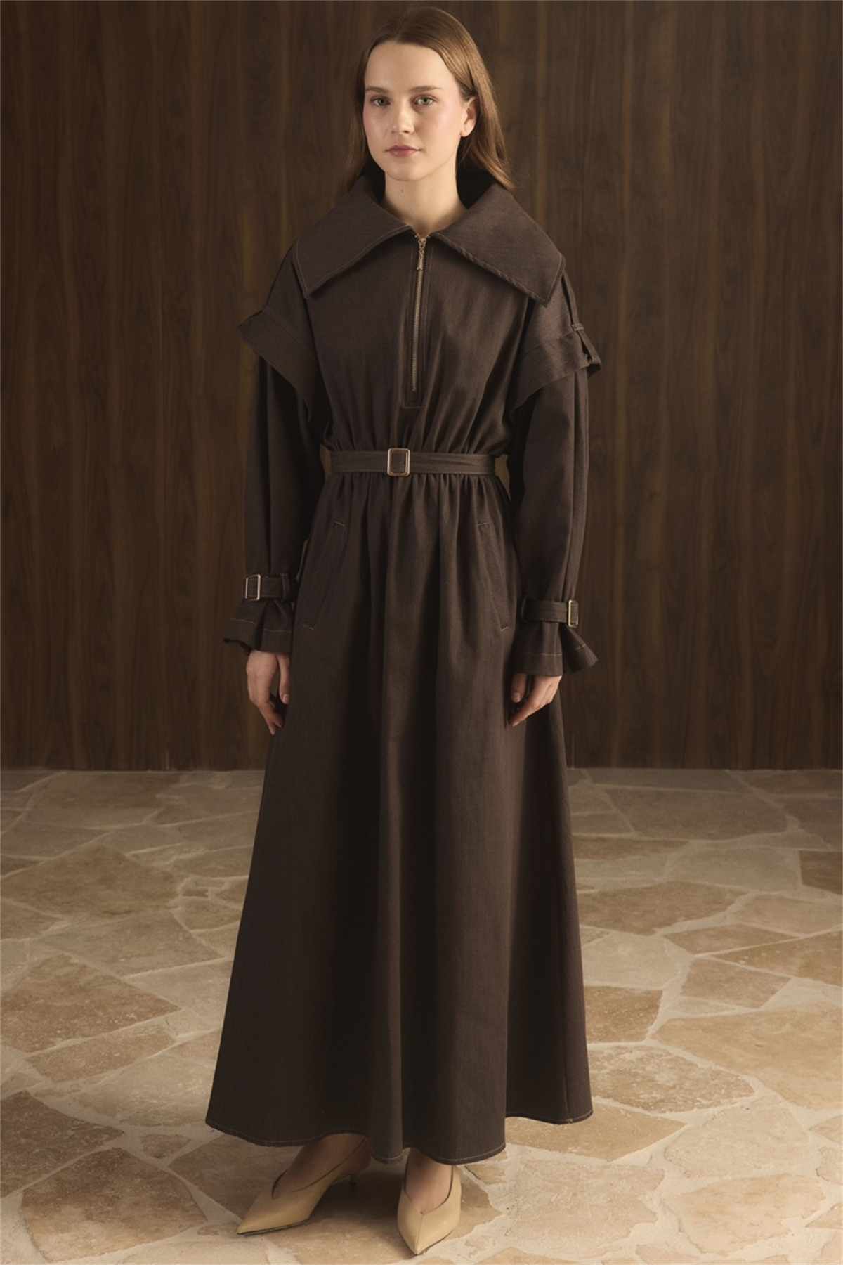 Kol Allerli Yarım Fermuarlı Kot Elbise - Kahve