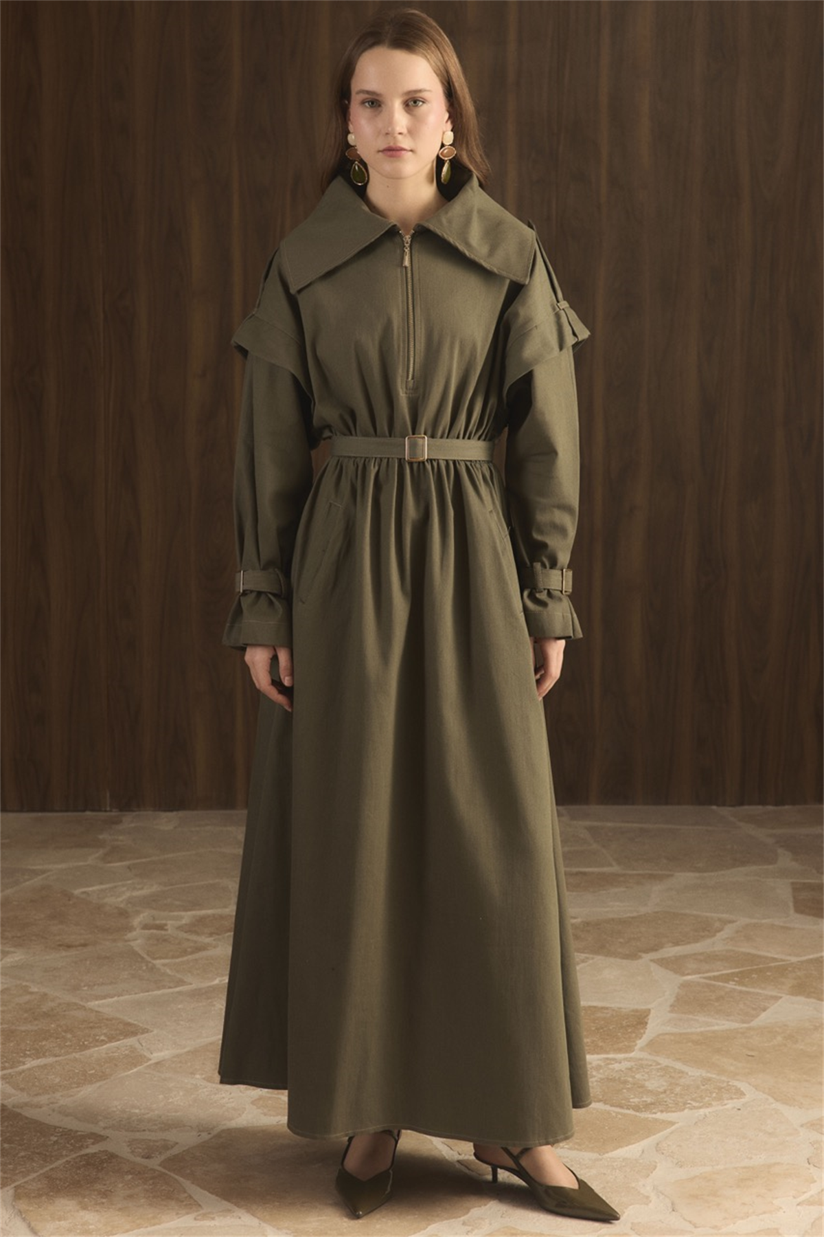 Kol Allerli Yarım Fermuarlı Kot Elbise - Haki