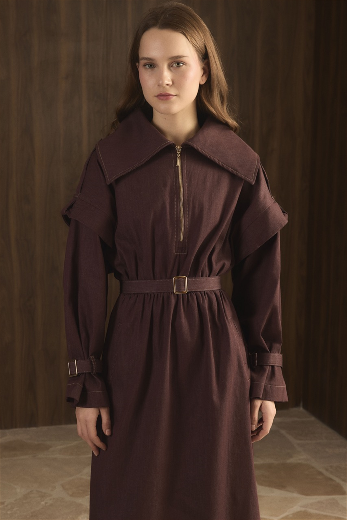 Kol Allerli Yarım Fermuarlı Kot Elbise - Bordo