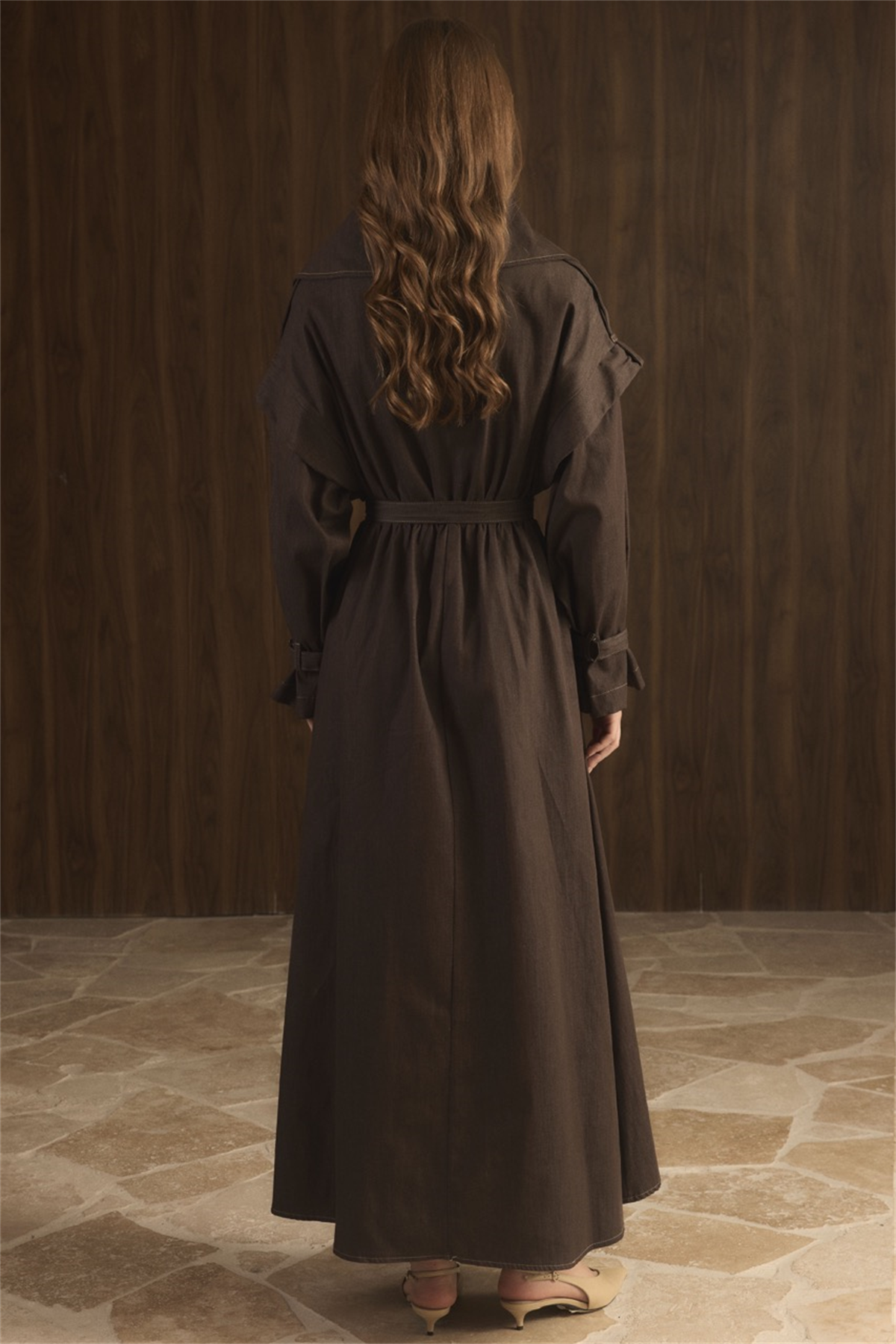 Kol Allerli Yarım Fermuarlı Kot Elbise - Kahve