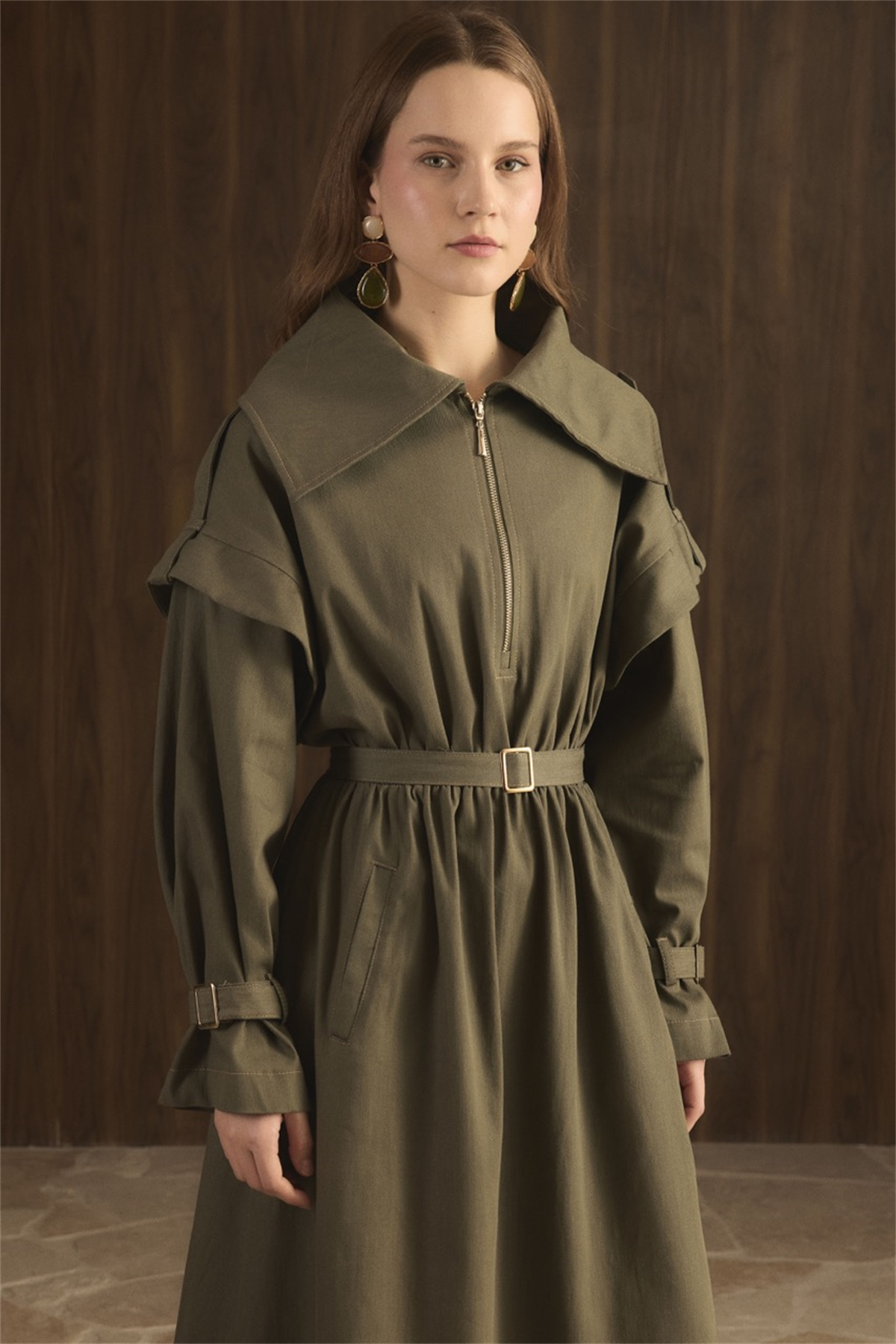 Kol Allerli Yarım Fermuarlı Kot Elbise - Haki