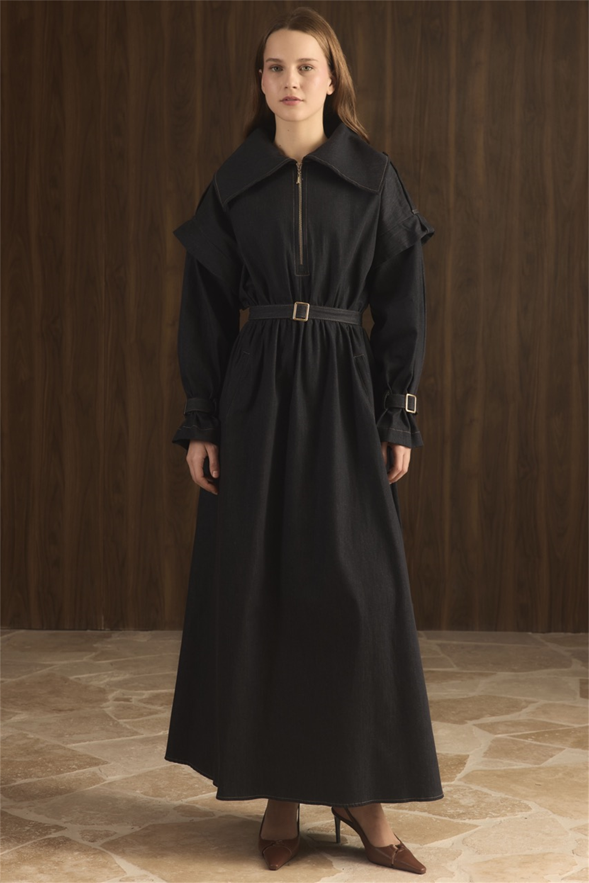 Kol Allerli Yarım Fermuarlı Kot Elbise - Lacivert