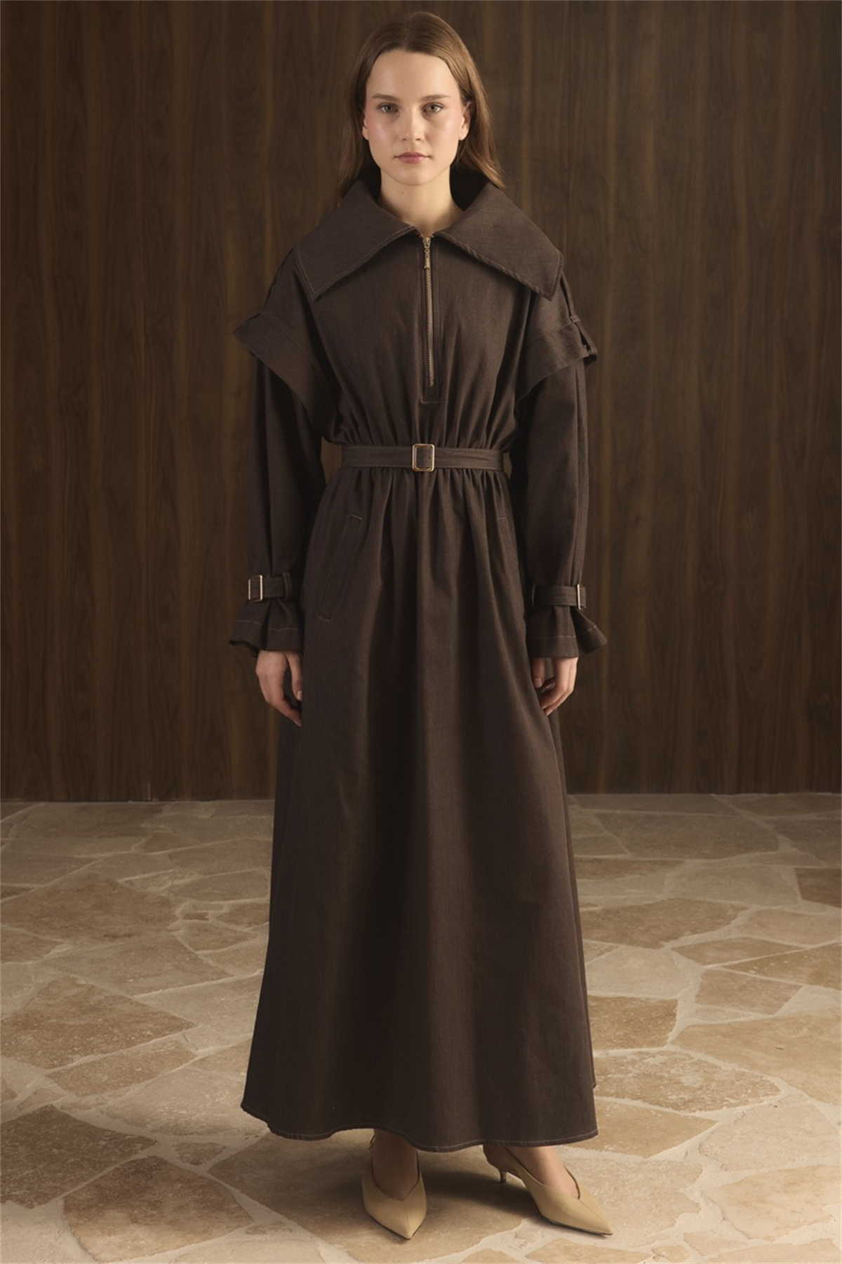 Kol Allerli Yarım Fermuarlı Kot Elbise - Kahve