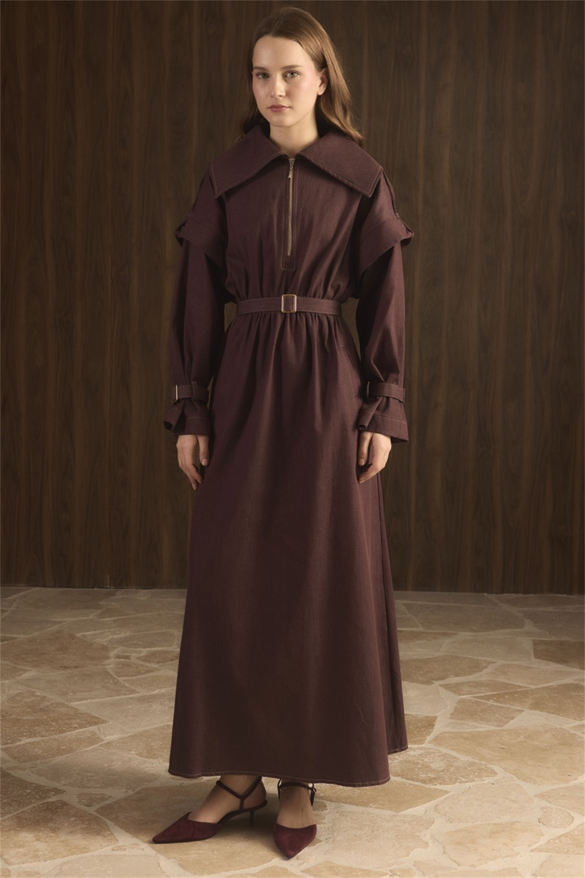 Kol Allerli Yarım Fermuarlı Kot Elbise - Bordo