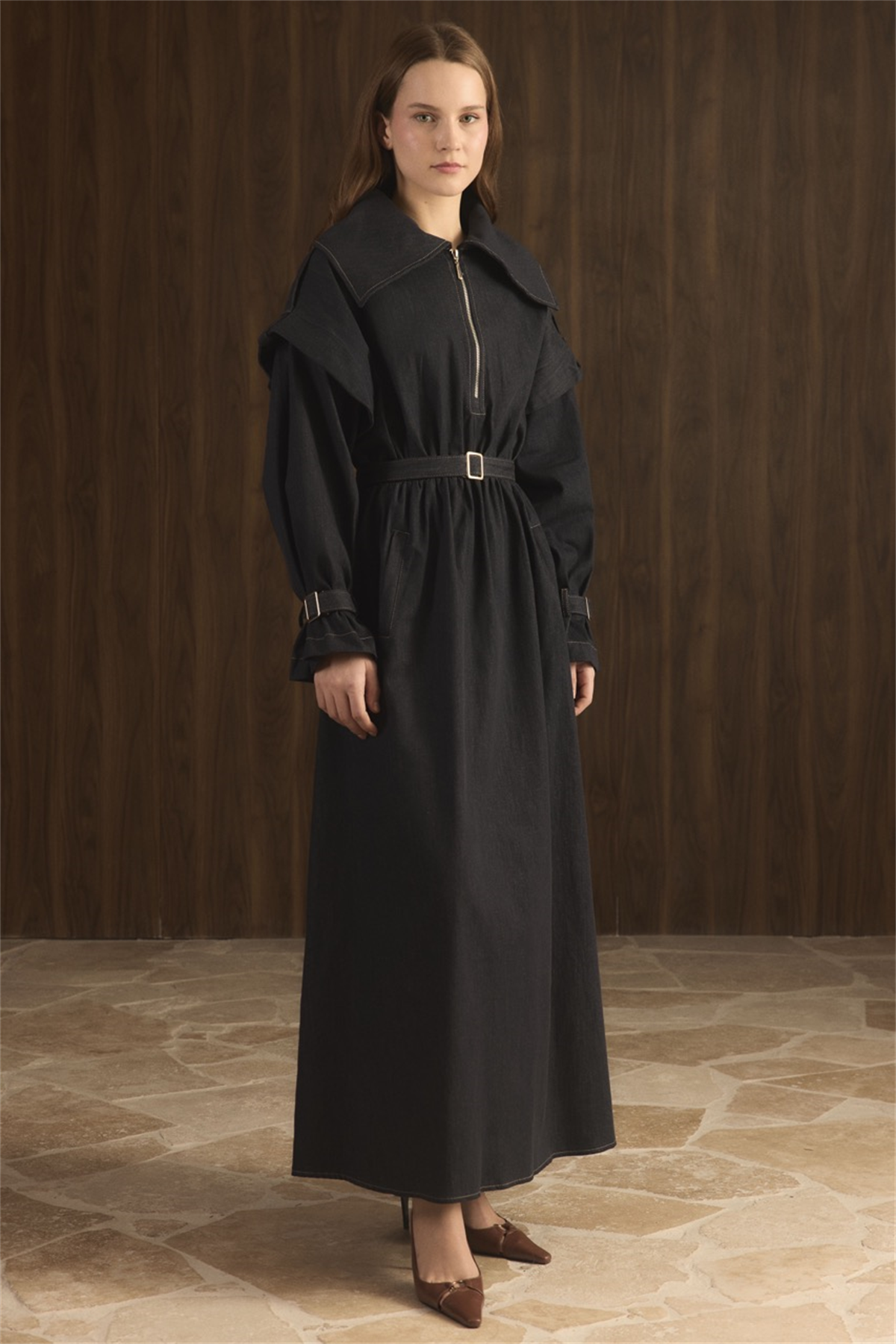 Kol Allerli Yarım Fermuarlı Kot Elbise - Lacivert