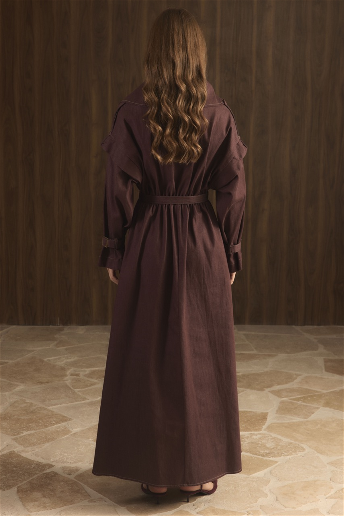 Kol Allerli Yarım Fermuarlı Kot Elbise - Bordo