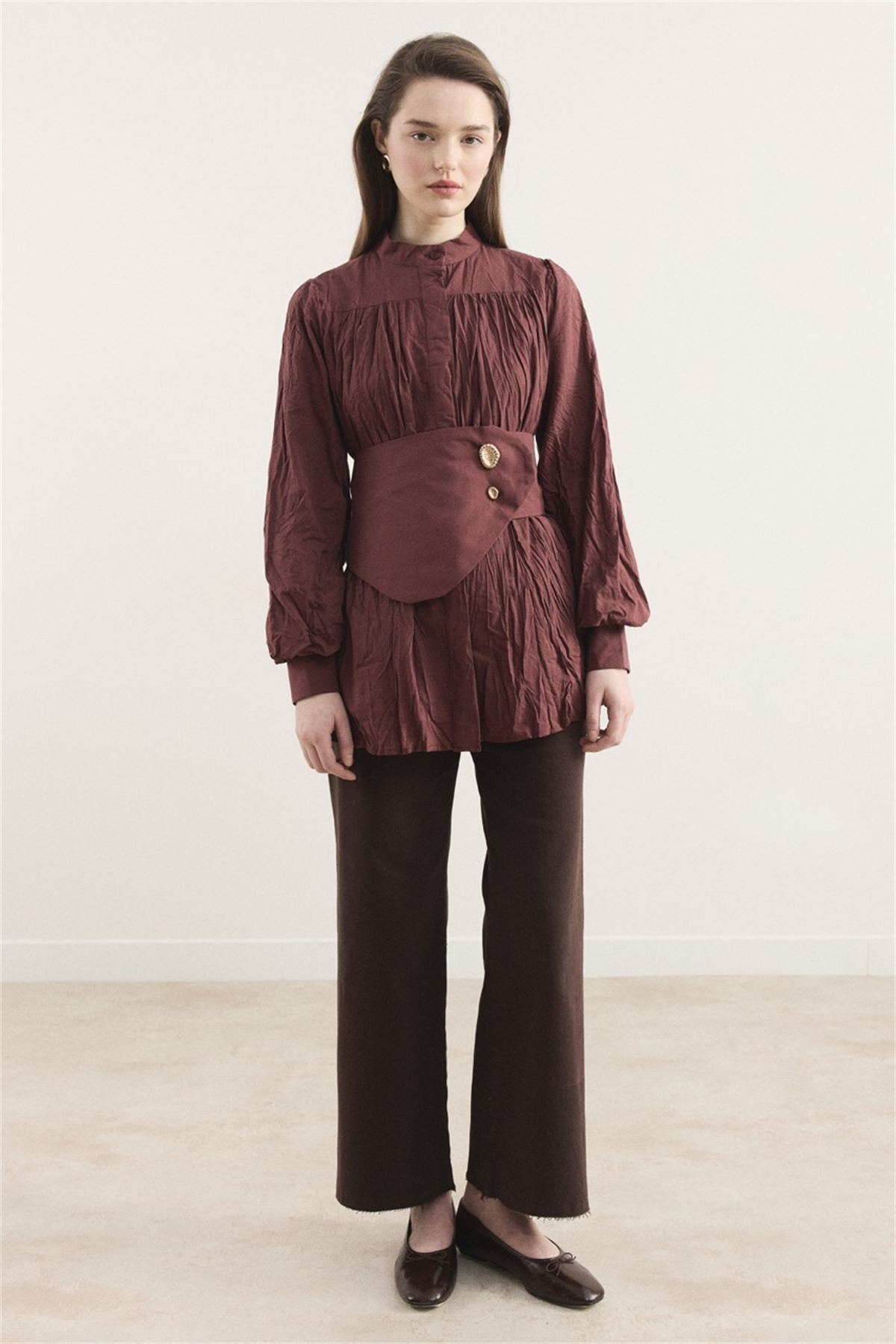 Kol Büzgülü Vual Gömlek - Bordo