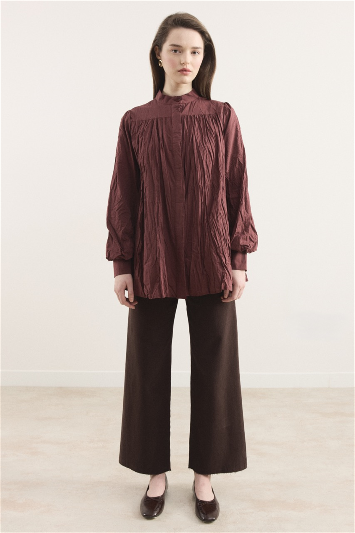 Kol Büzgülü Vual Gömlek - Bordo