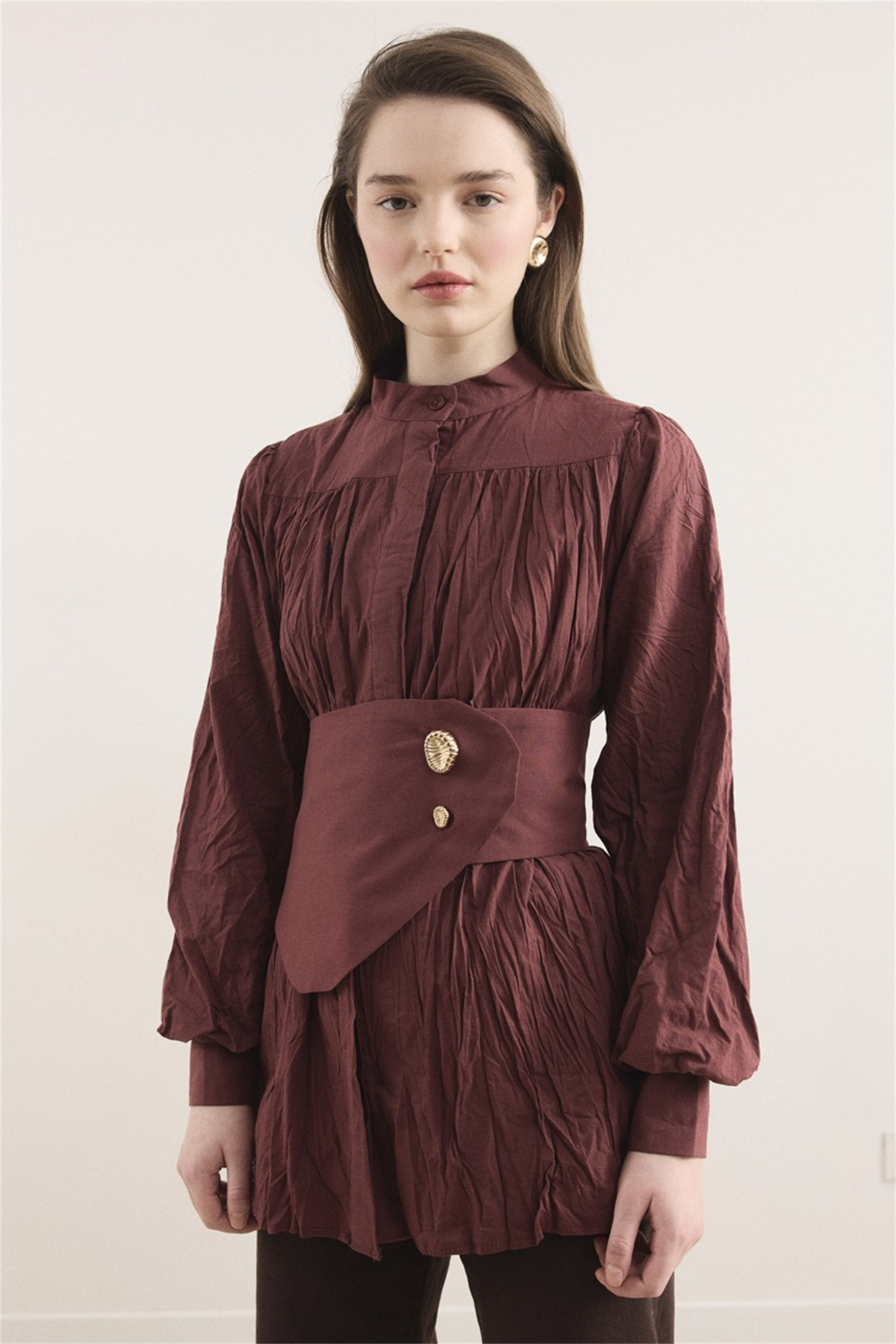 Kol Büzgülü Vual Gömlek - Bordo