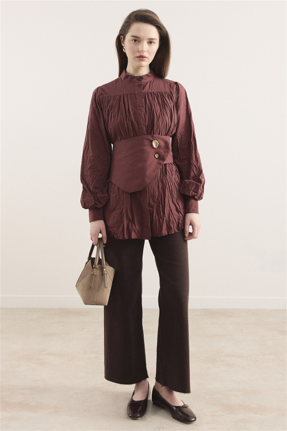 Kol Büzgülü Vual Gömlek - Bordo