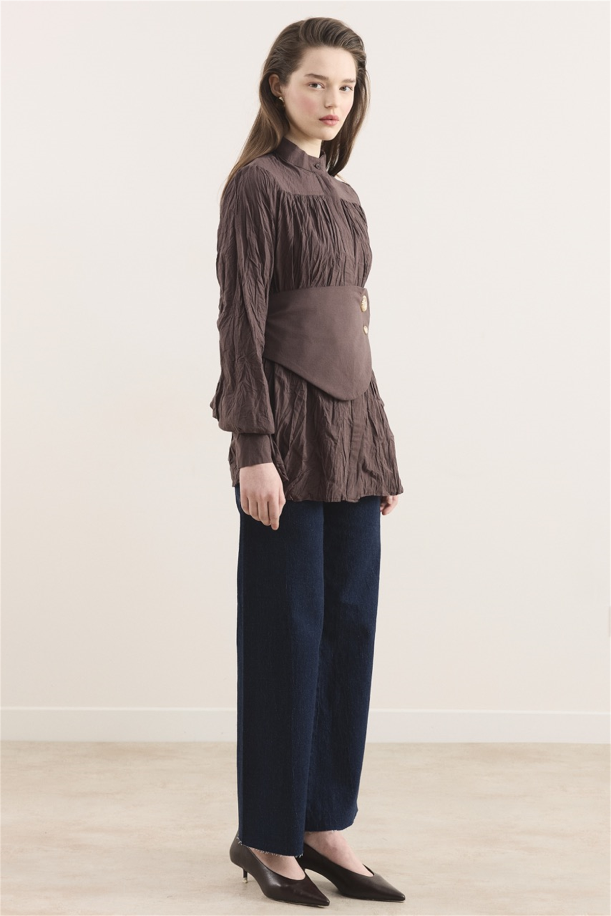 Kol Büzgülü Vual Gömlek - Kahve