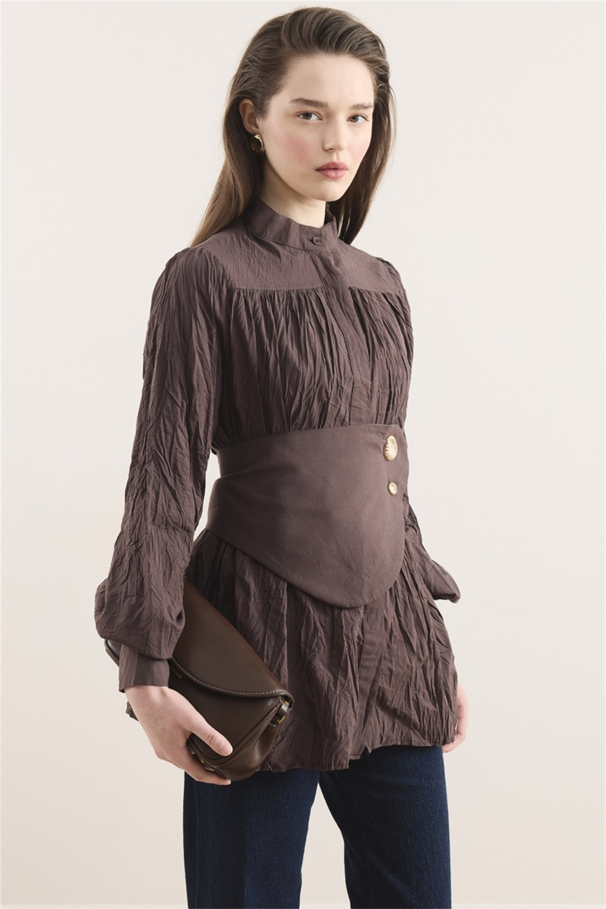 Kol Büzgülü Vual Gömlek - Kahve