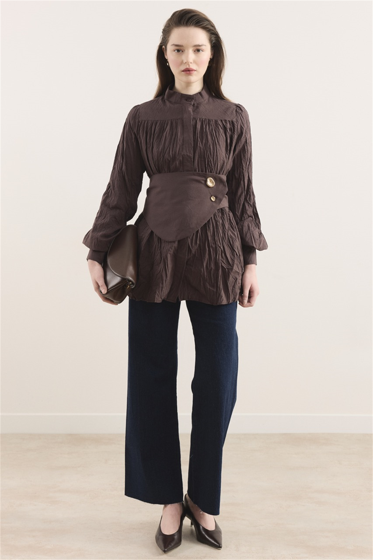 Kol Büzgülü Vual Gömlek - Kahve