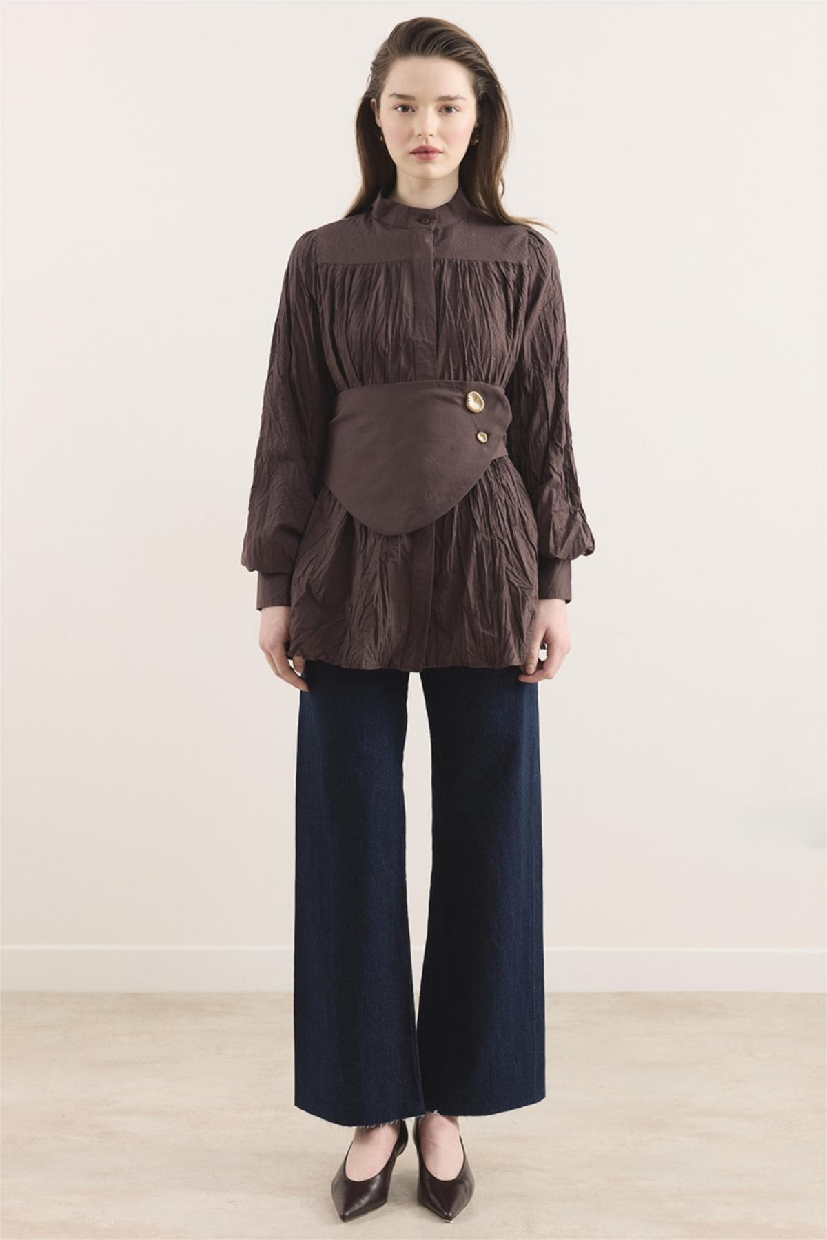 Kol Büzgülü Vual Gömlek - Kahve