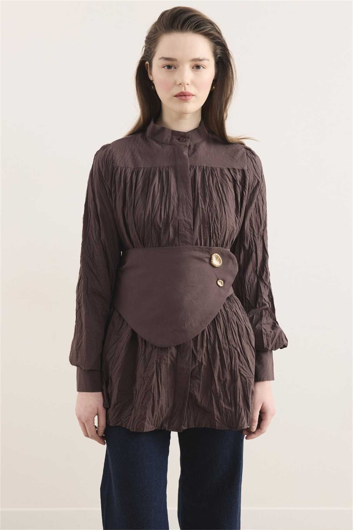 Kol Büzgülü Vual Gömlek - Kahve