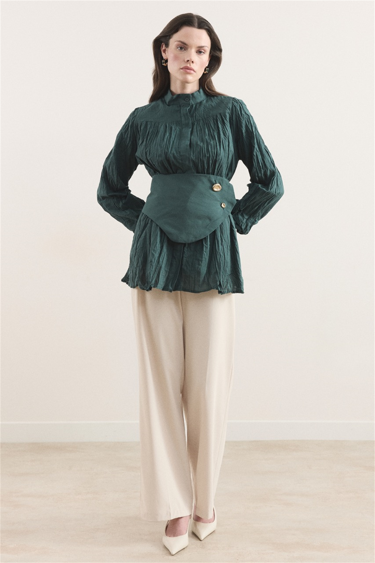 Kol Büzgülü Vual Gömlek - Nane Yeşili