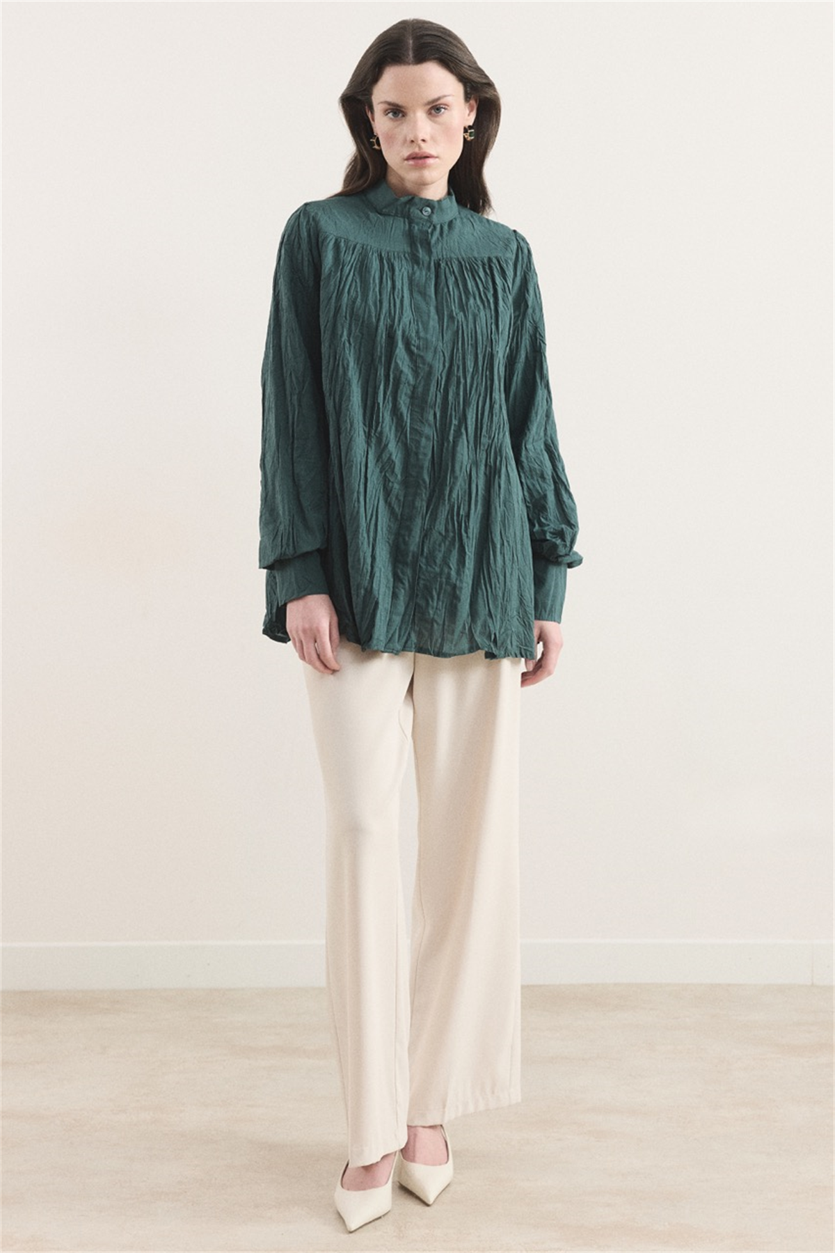 Kol Büzgülü Vual Gömlek - Nane Yeşili