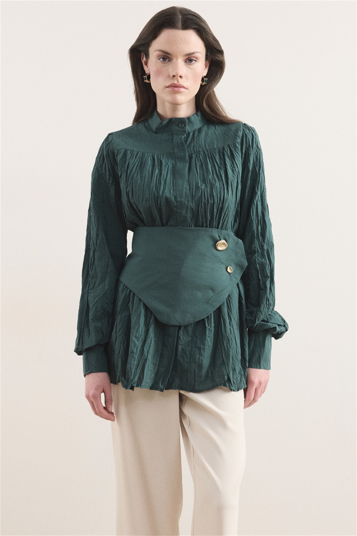 Kol Büzgülü Vual Gömlek - Nane Yeşili