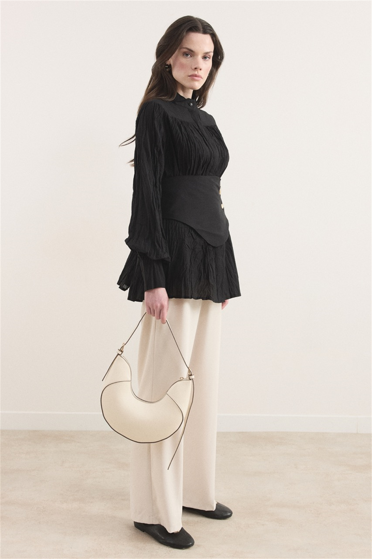 Kol Büzgülü Vual Gömlek - Siyah