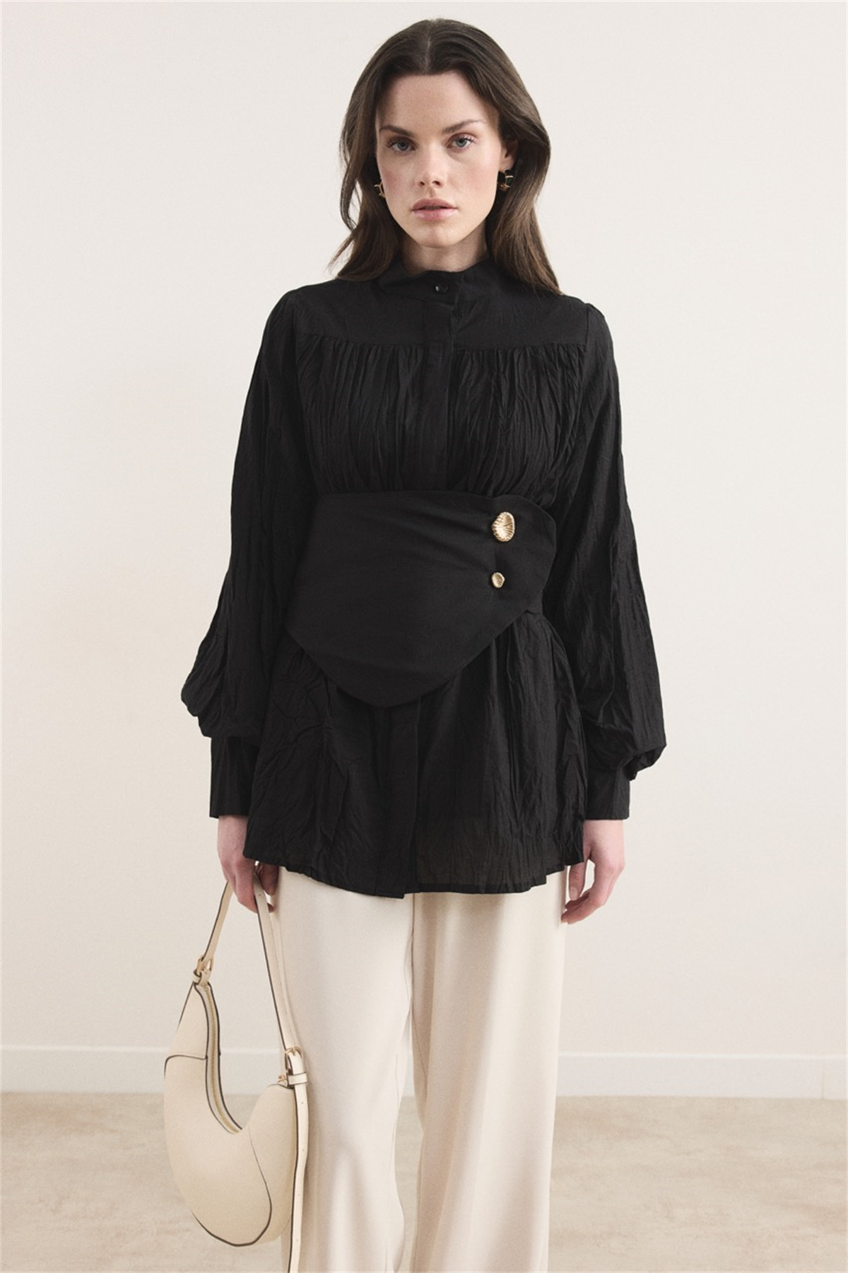 Kol Büzgülü Vual Gömlek - Siyah