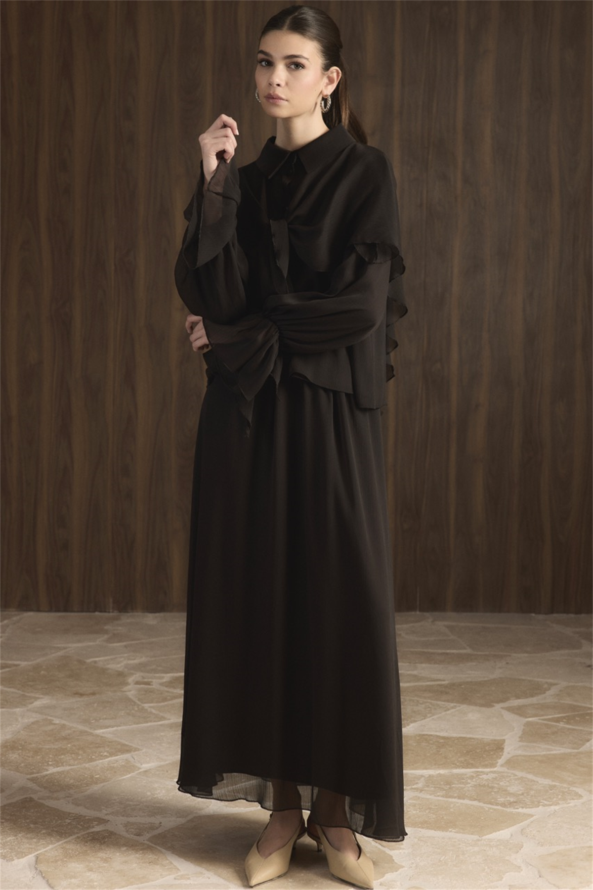 Kol Gipeli Şallı Şifon Takım - Acı Kahve