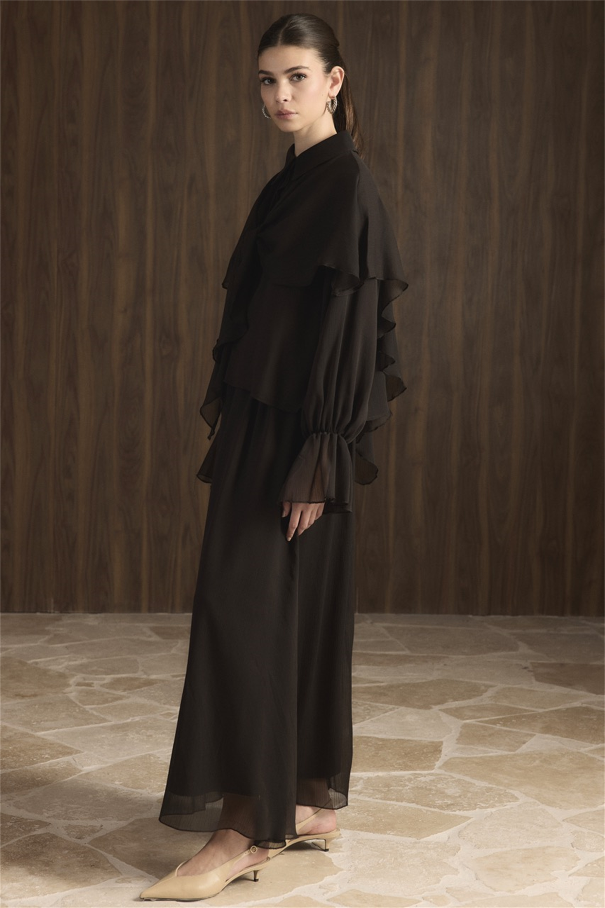 Kol Gipeli Şallı Şifon Takım - Acı Kahve