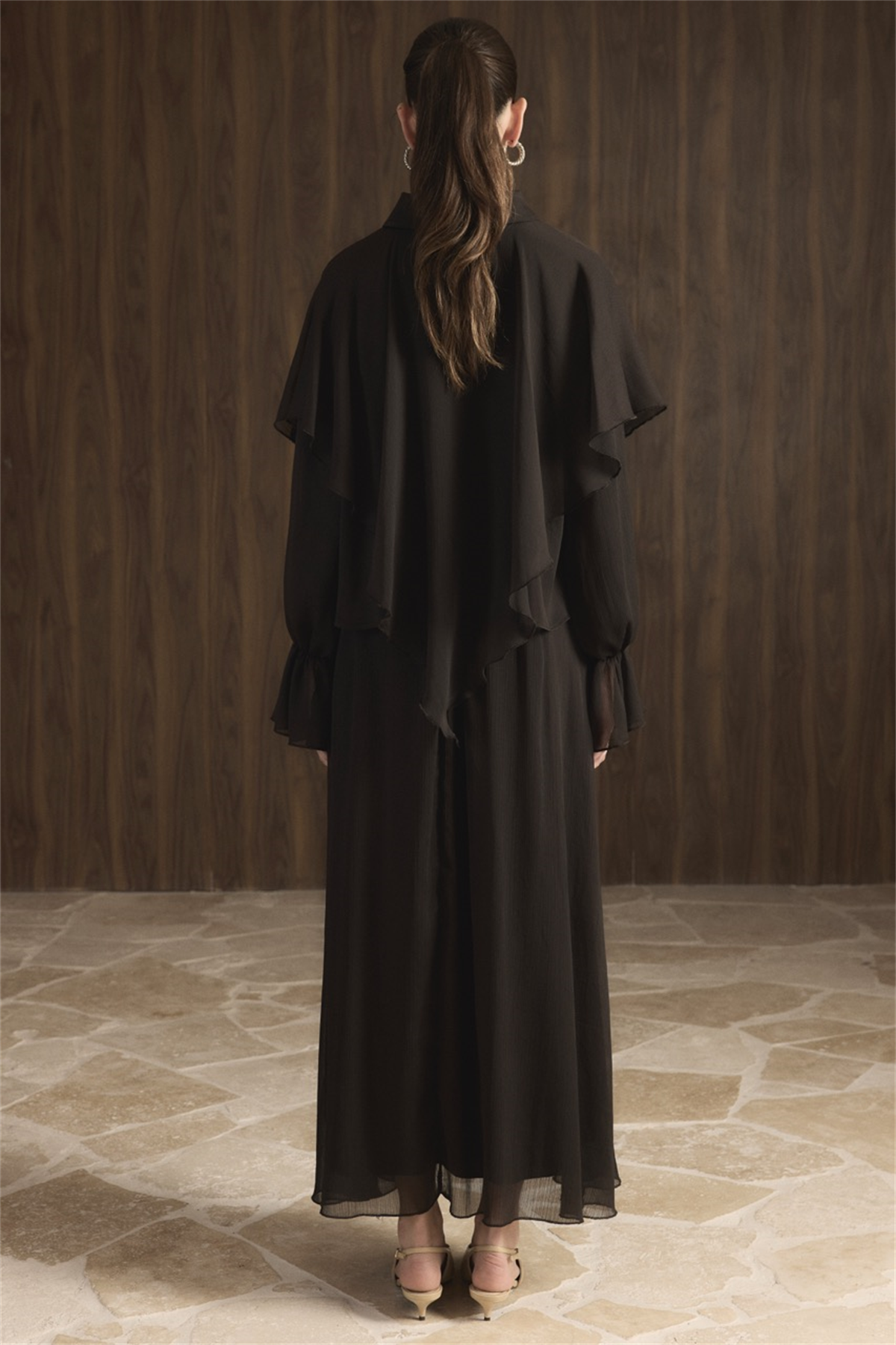 Kol Gipeli Şallı Şifon Takım - Acı Kahve