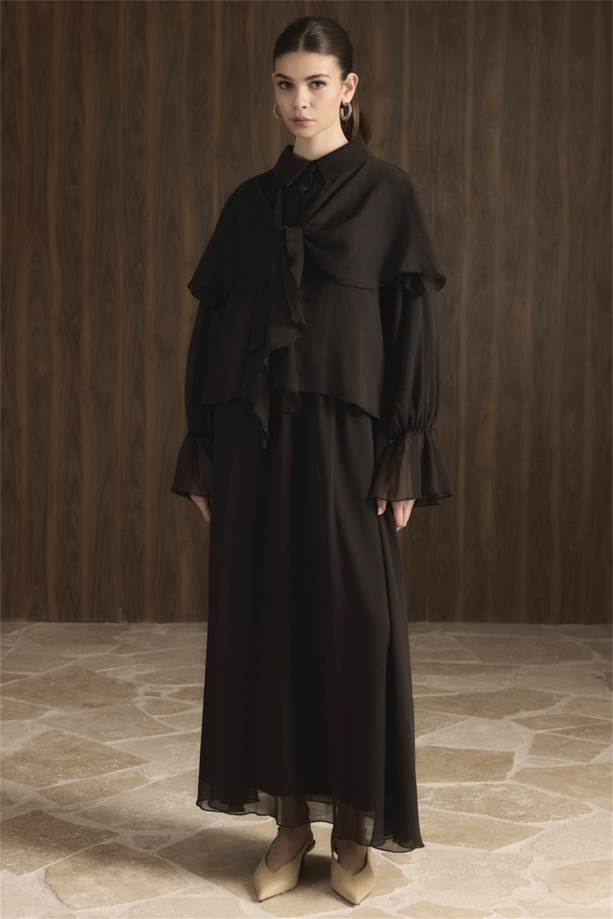 Kol Gipeli Şallı Şifon Takım - Acı Kahve